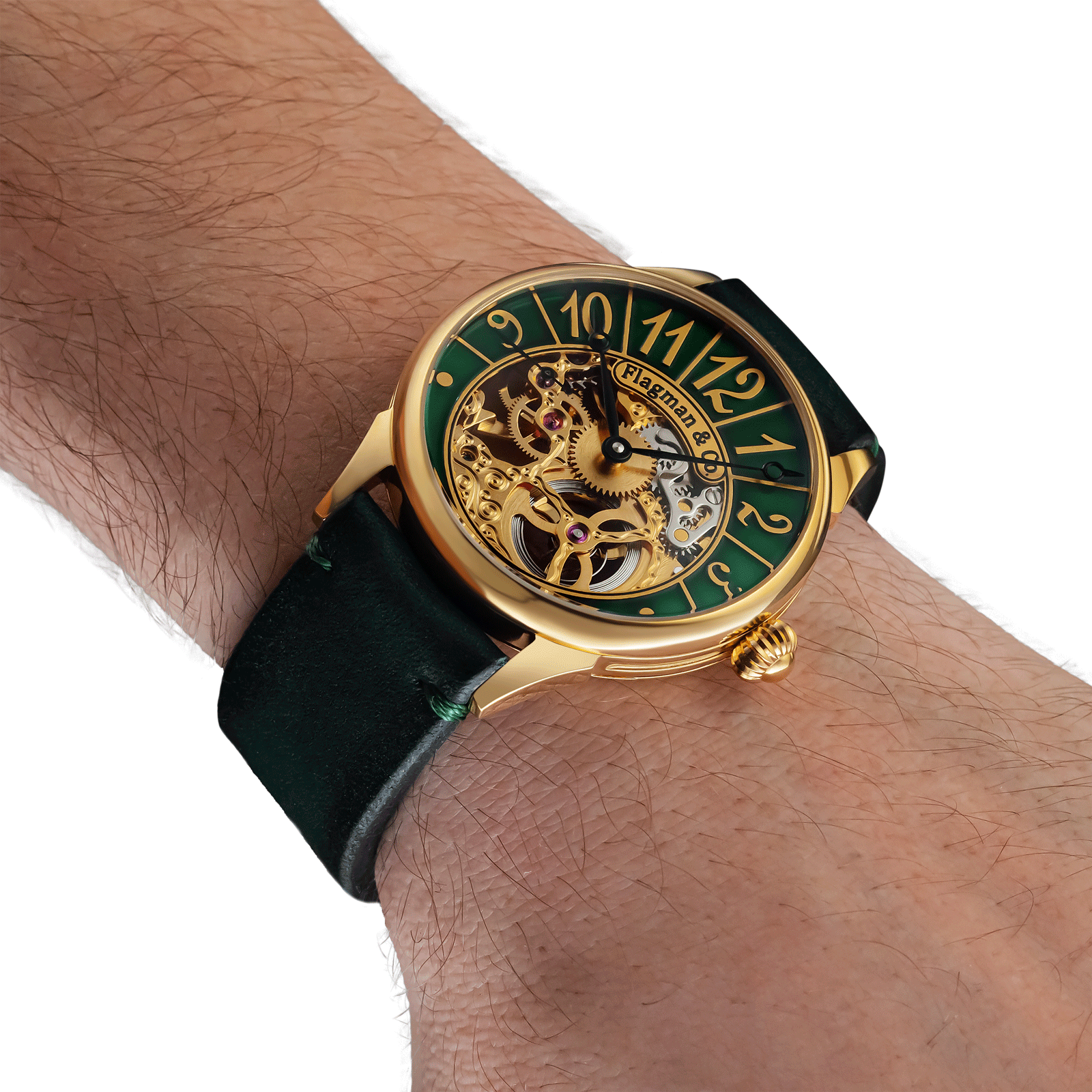 Handmade skeleton watch worn on wrist