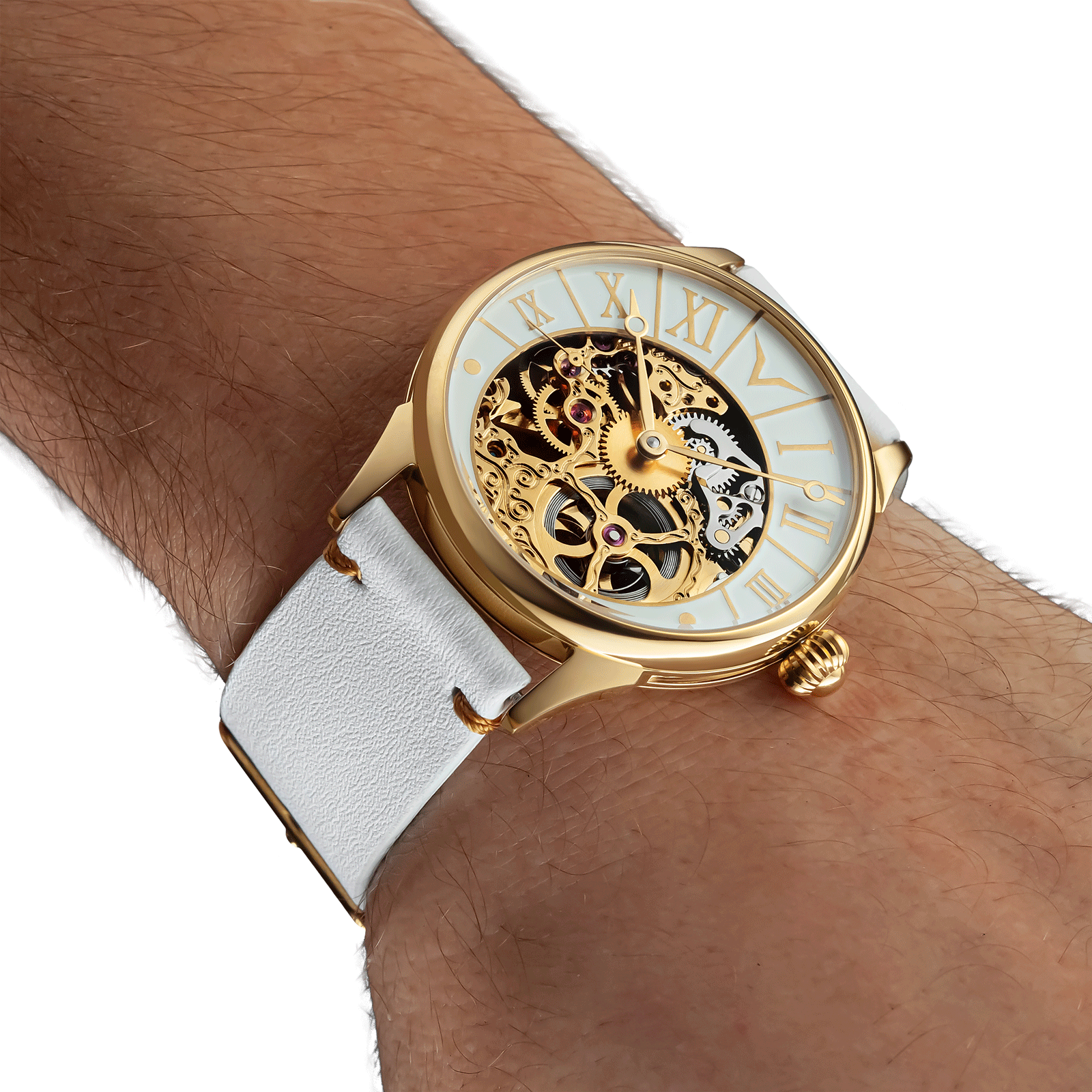 Mens skeleton watch worn on wrist