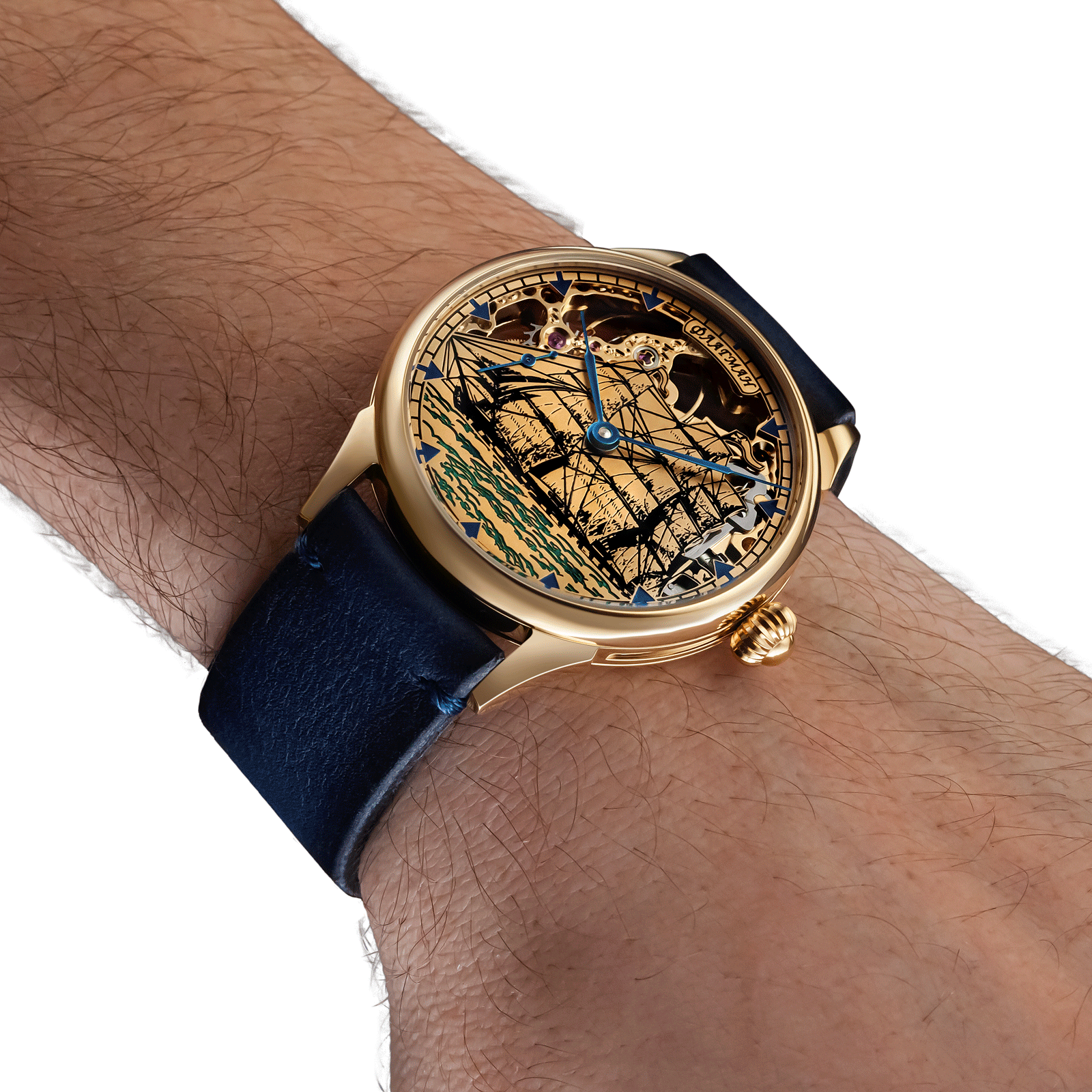 Skeleton handmade watch worn on wrist