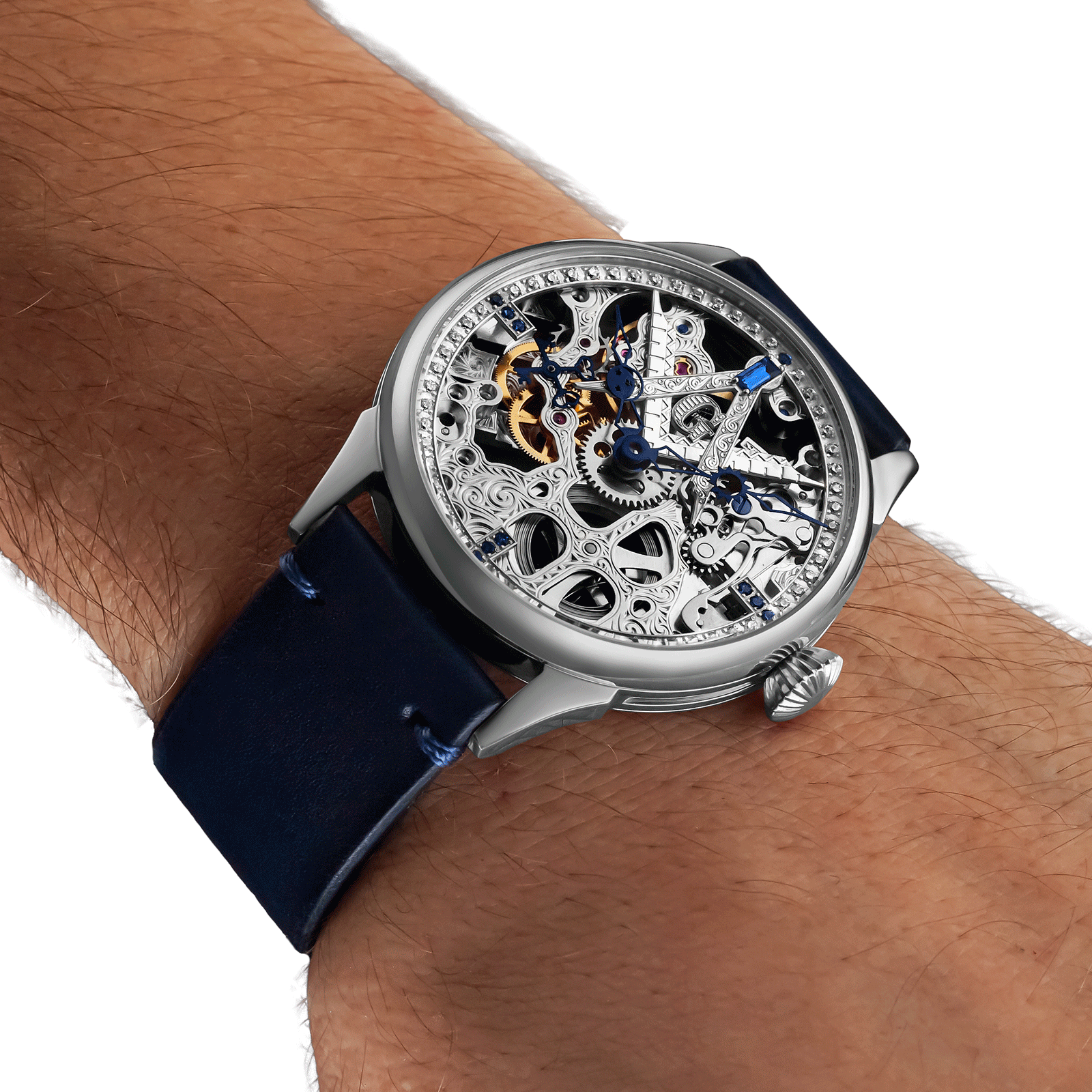 Skeleton handmade watch worn on wrist