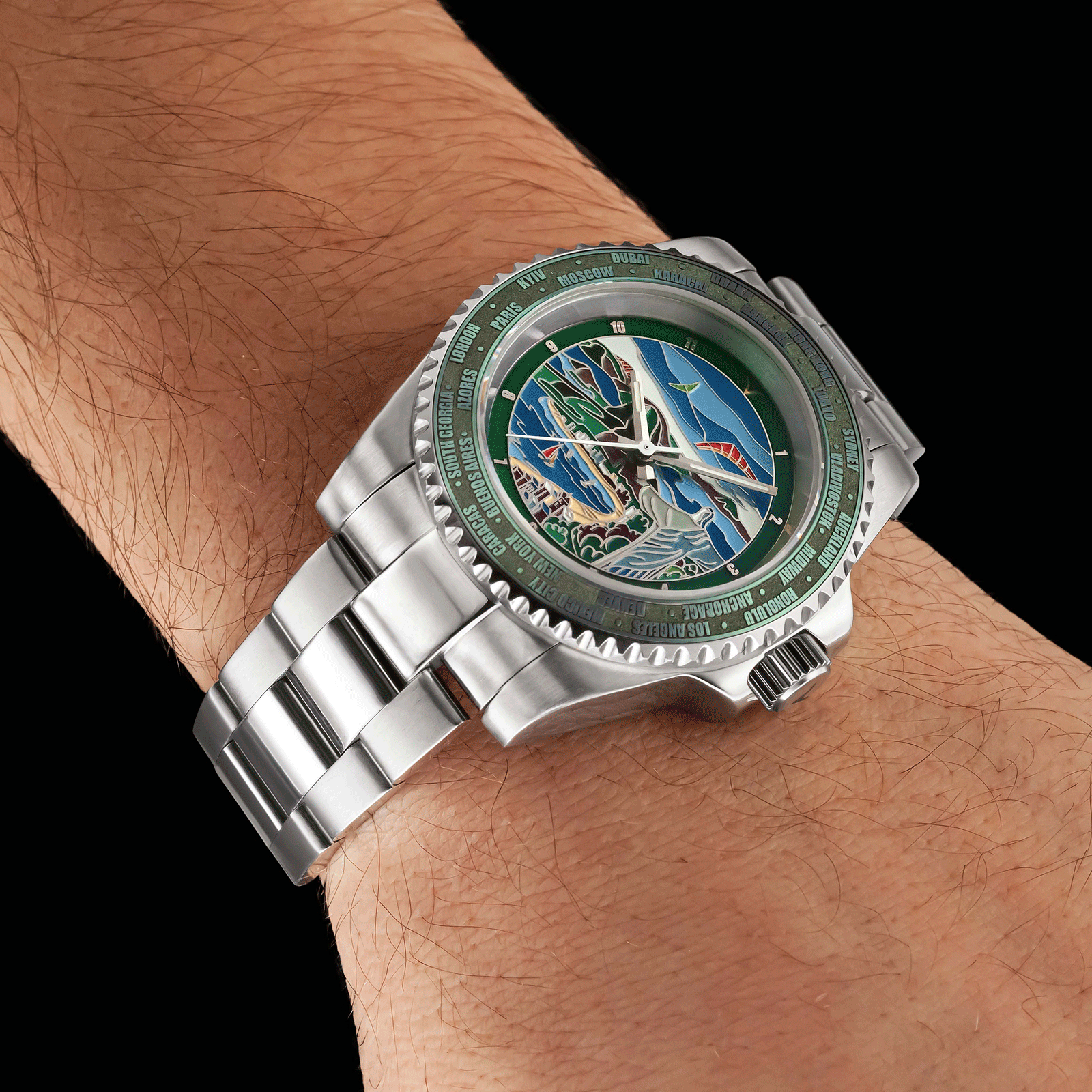 Rio De Janeiro watch with a detailed face on a wrist against a black background
