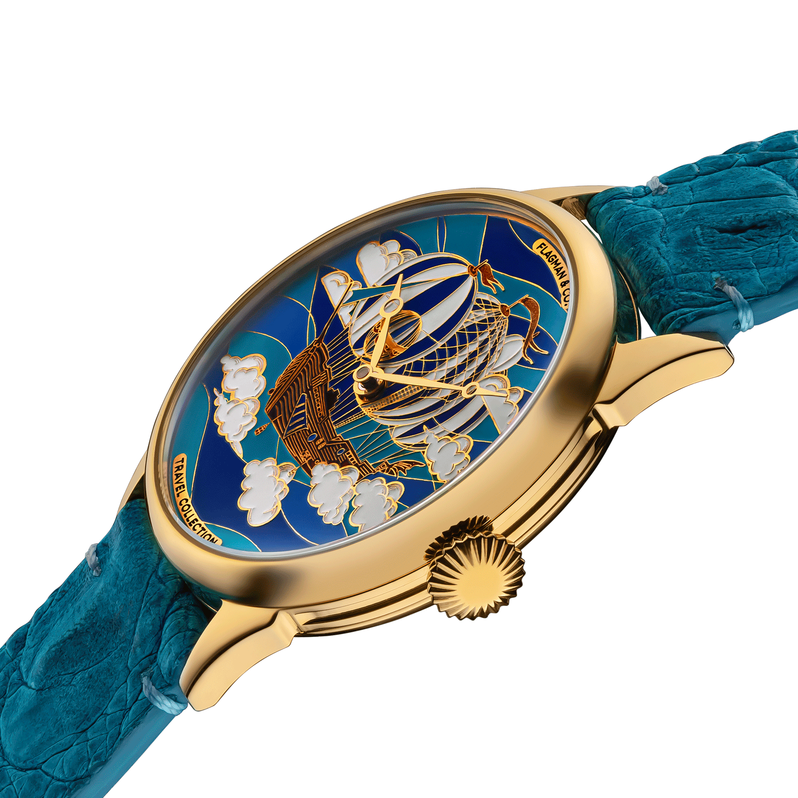 Luxury watch with gold case and blue strap on a white background