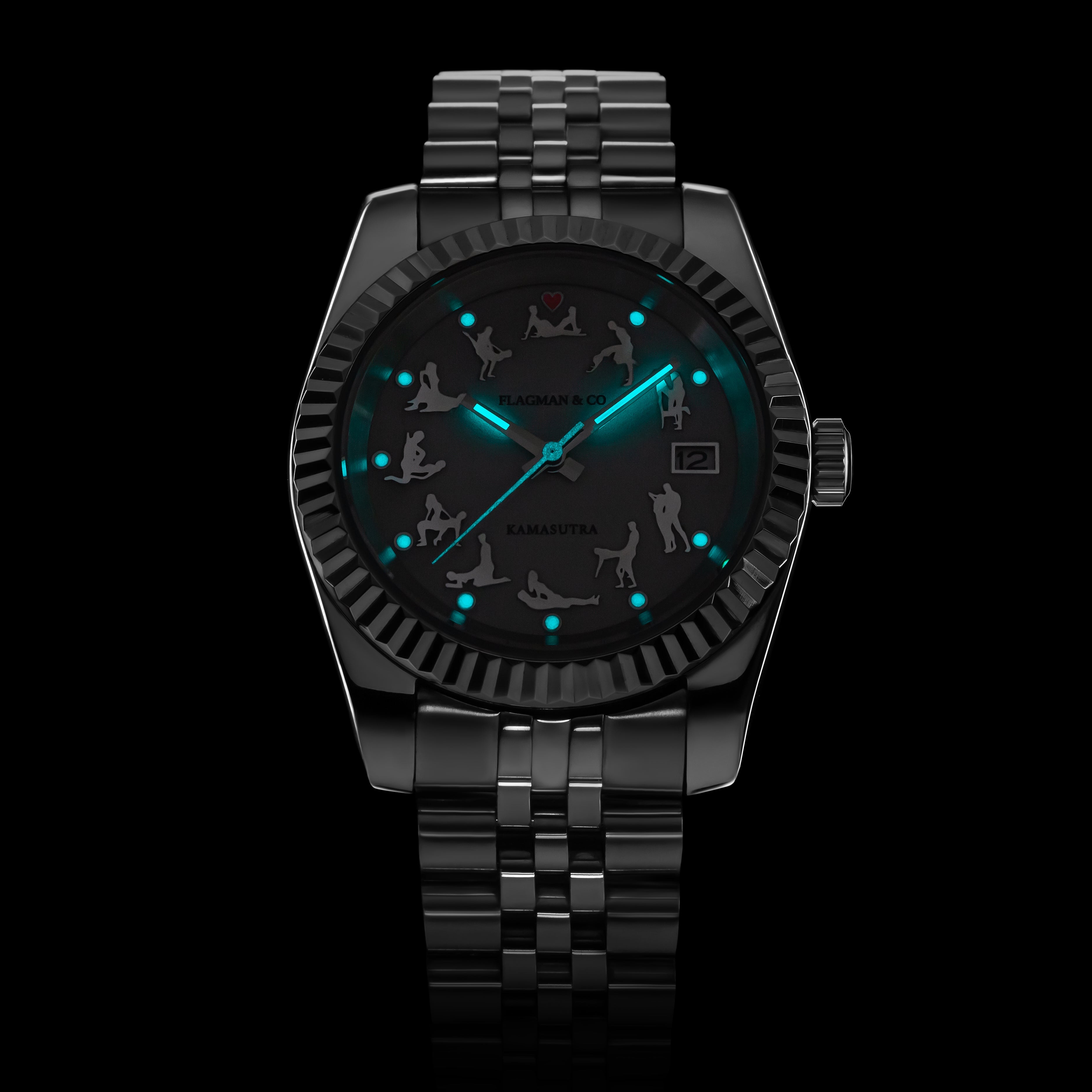 Lumine photo of handmade watch with side crown and detailed case finish - KS