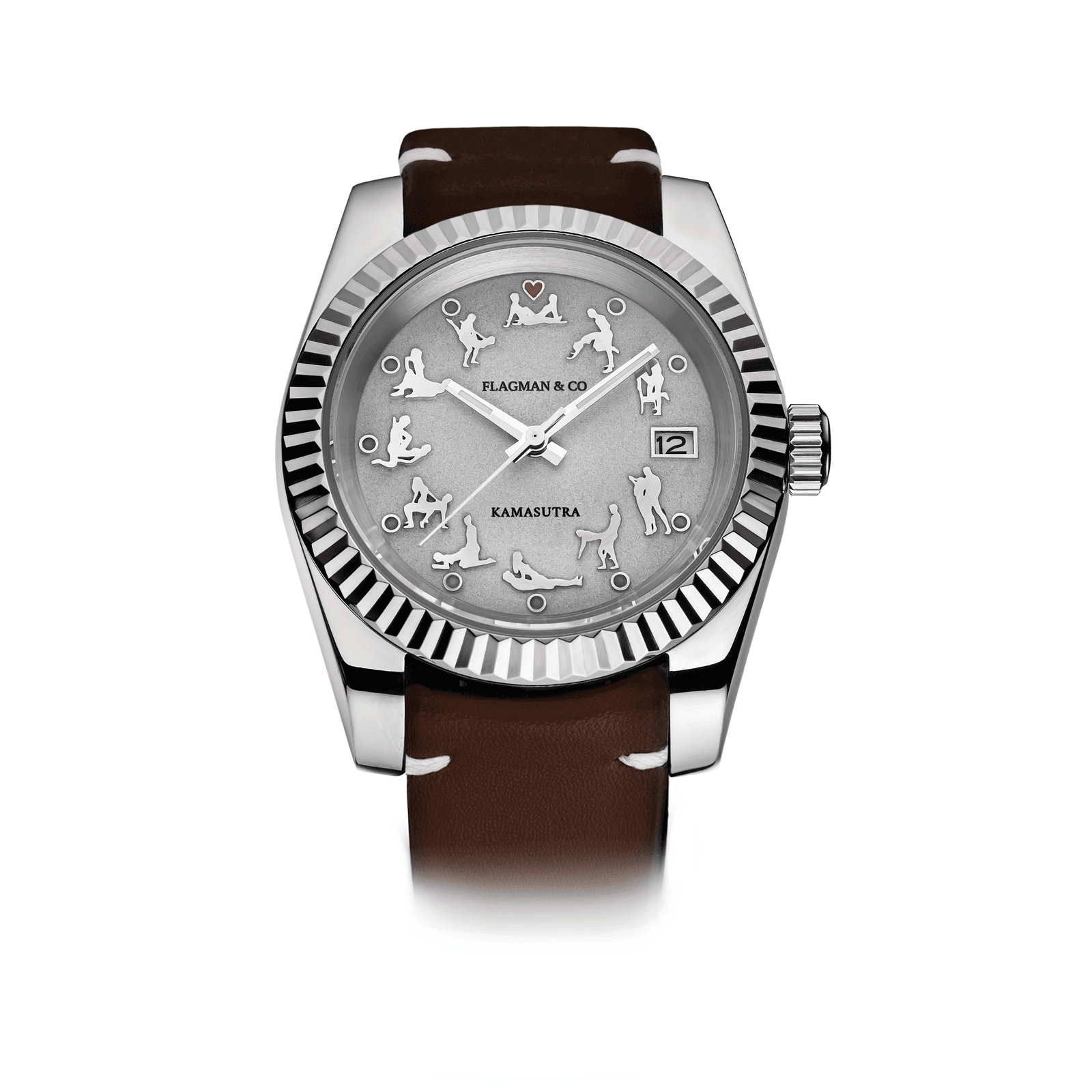 Handmade watch with brown strap and silver case on a white background #color_brown