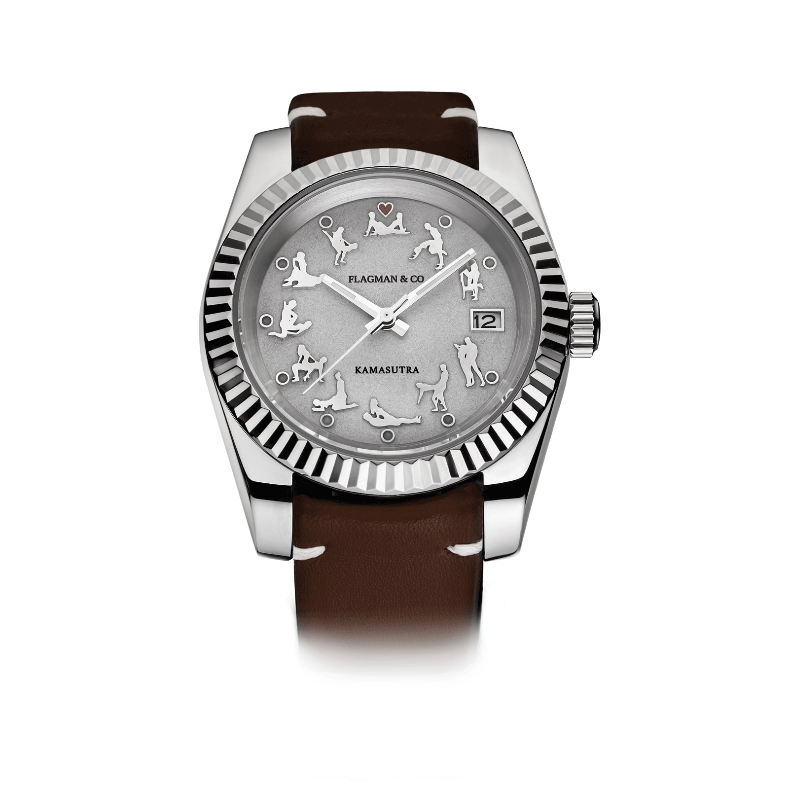 Handmade watch with brown strap and silver case on a white background #color_brown