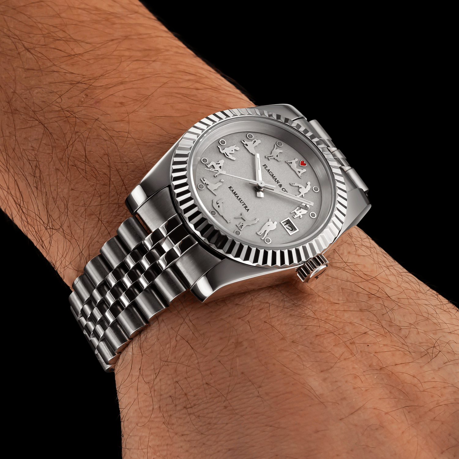 Front view of handmade watch worn on wrist - KS