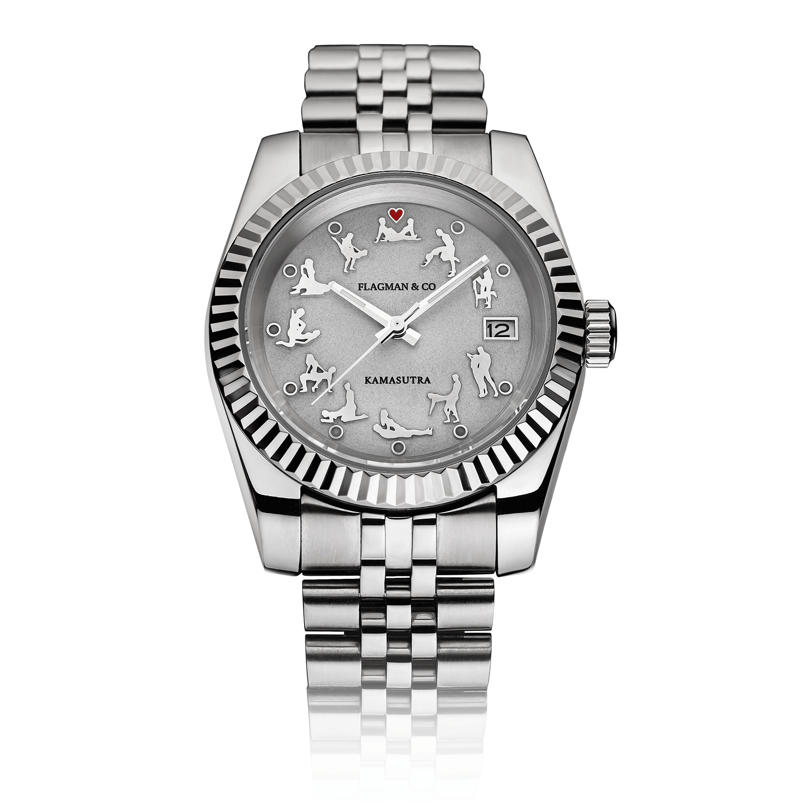 Silver watch with unique face design on a white background #color_silver