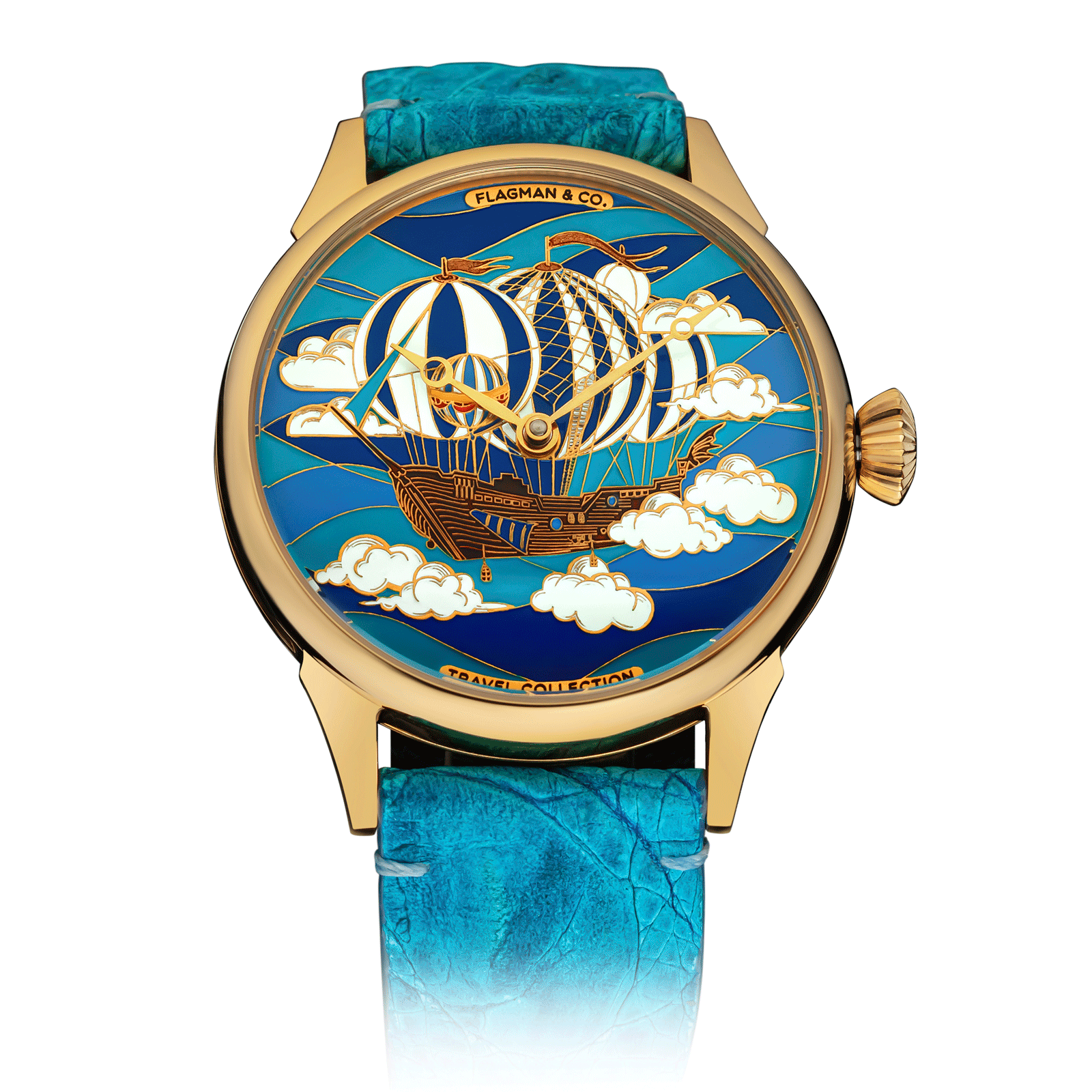 Art Deco watch with artistic design of a hot air balloon and clouds on a blue background #color_lagune