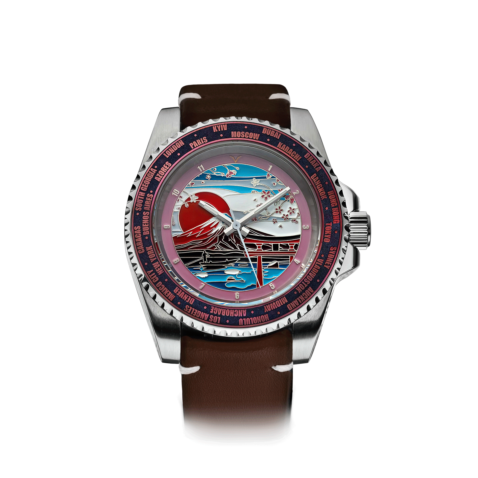 Handmade Watch with a detailed face and brown leather strap on a white background #color_brown
