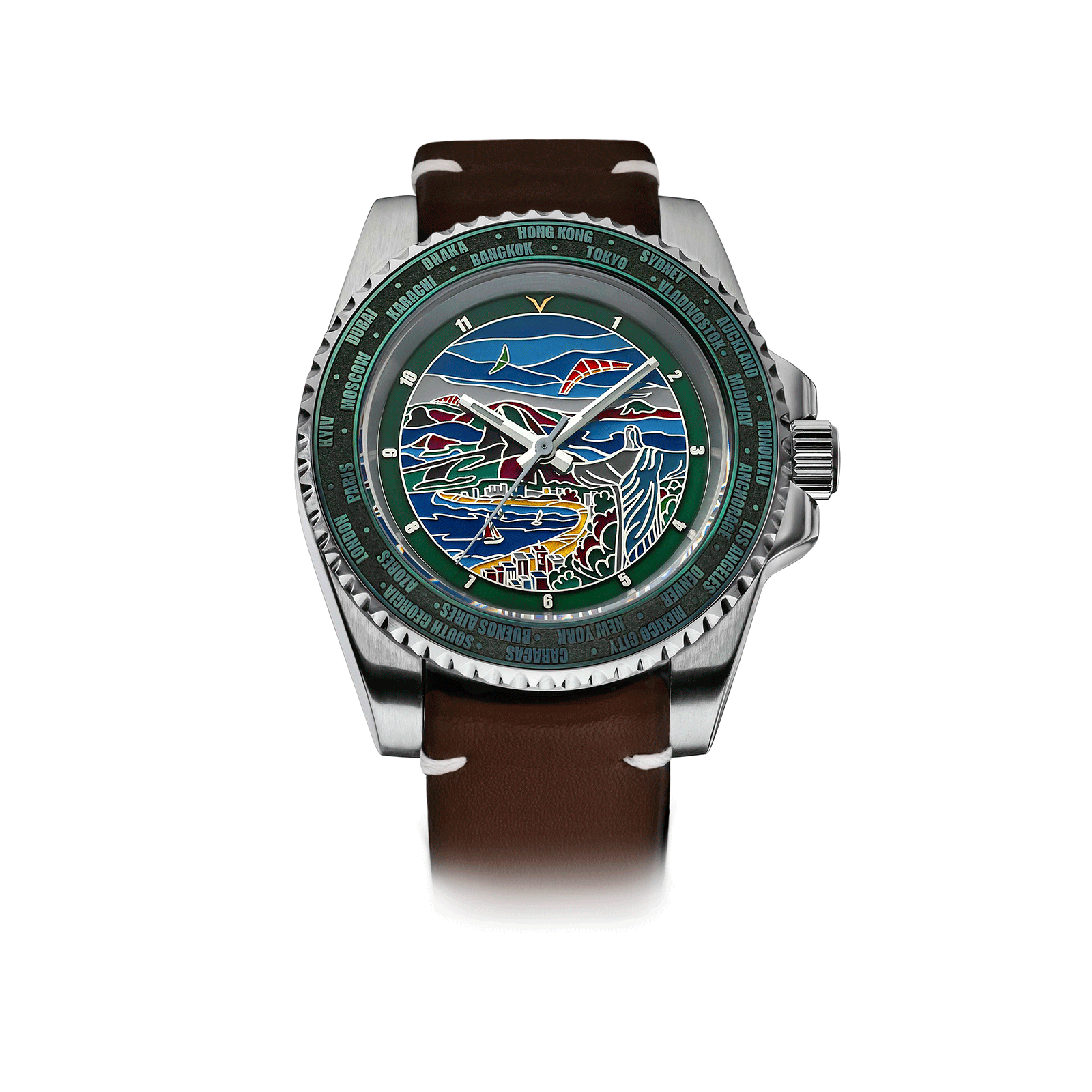 Mechanical Watch with a detailed face and brown leather strap on a white background #color_brown