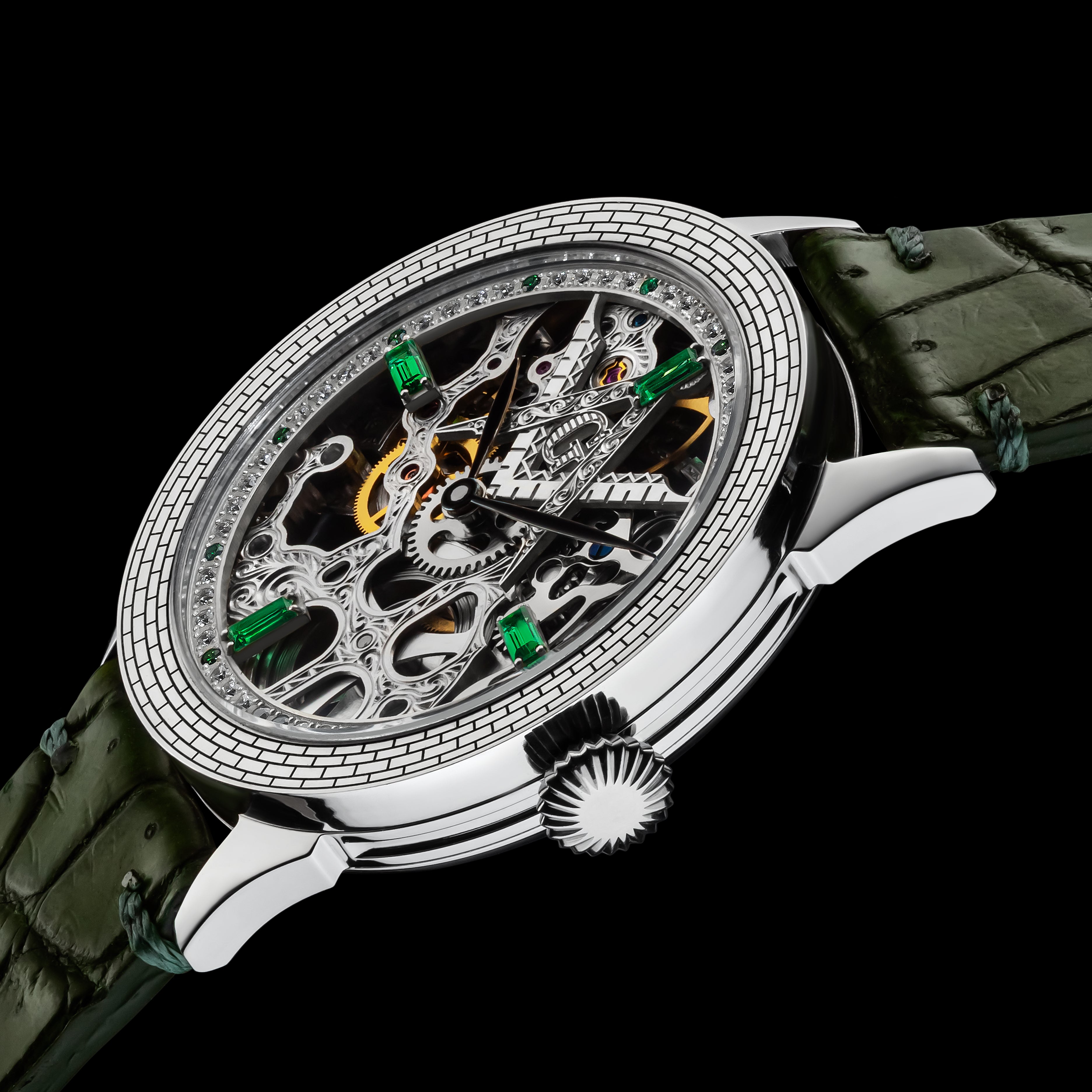 Luxury watch with intricate design on a black background