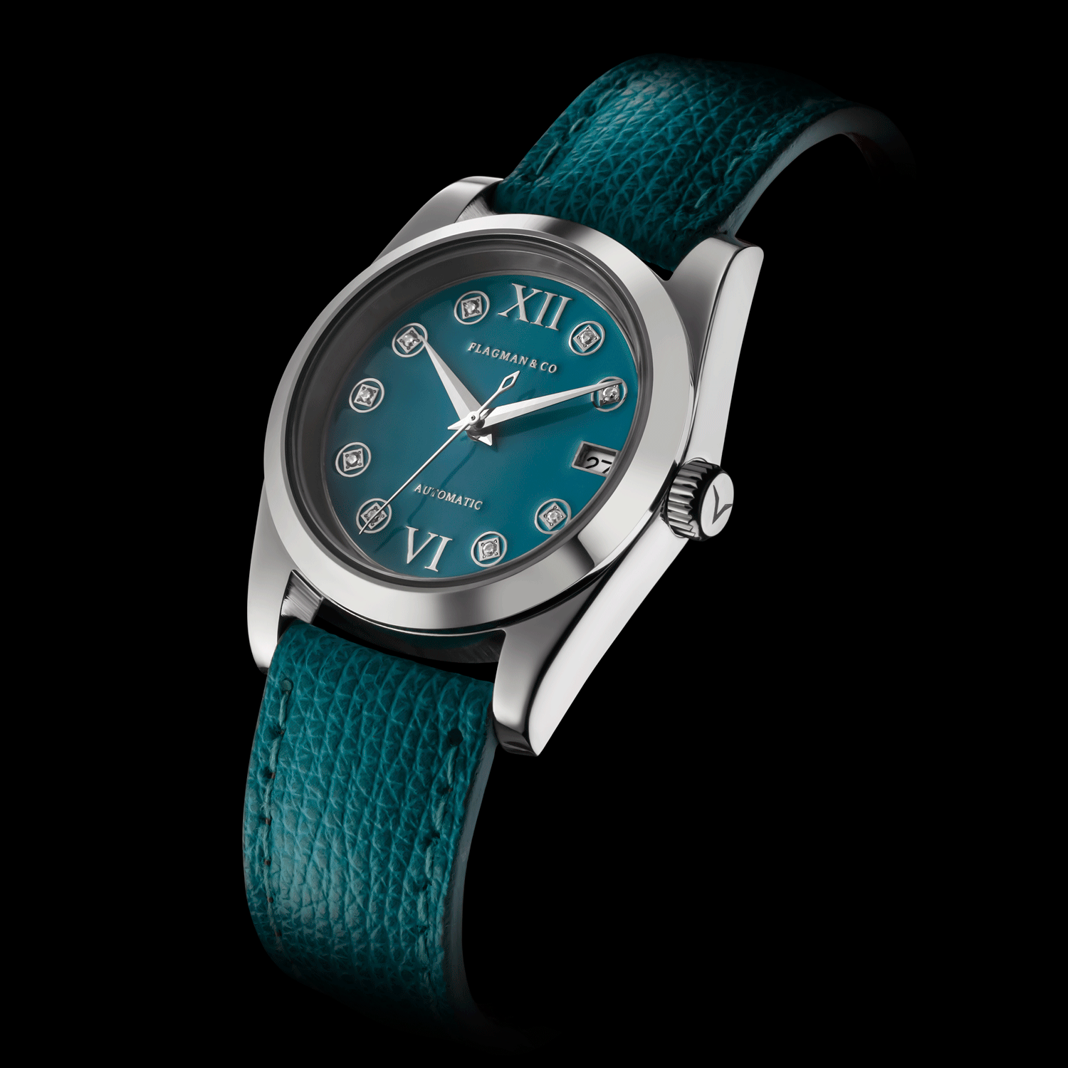 Watch with teal strap and blue dial on a black background