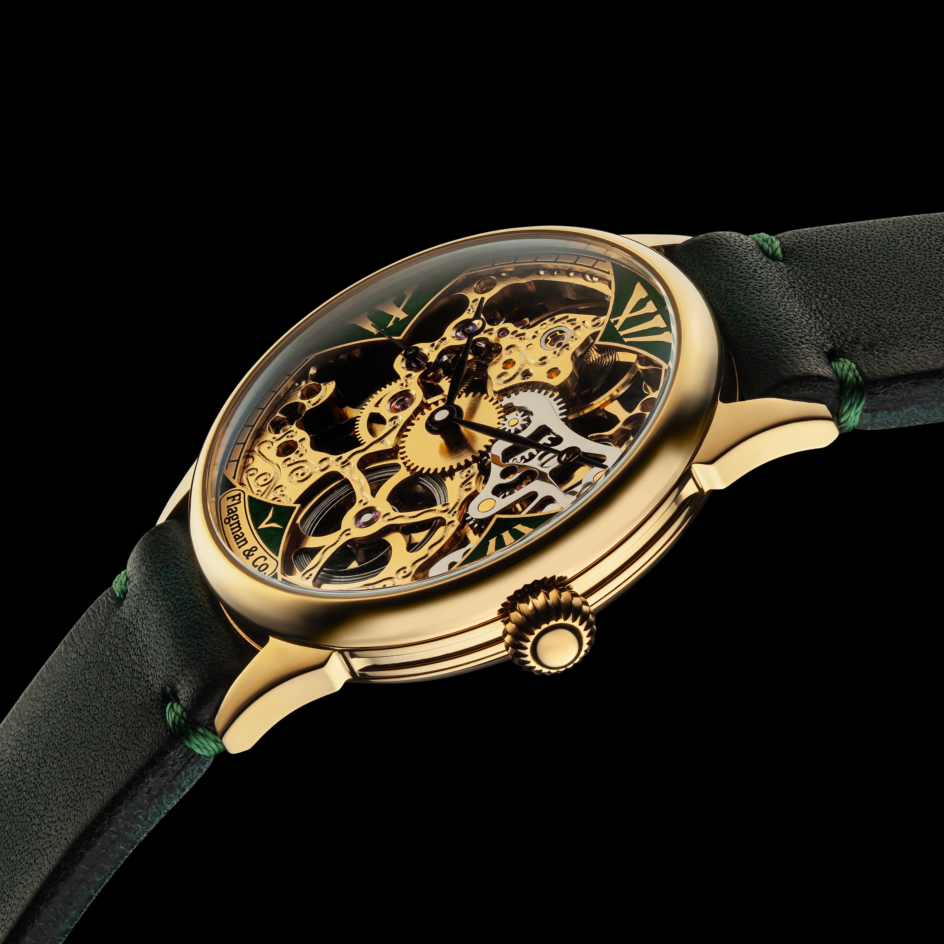 Luxury watch with gold case and green strap on a dark background