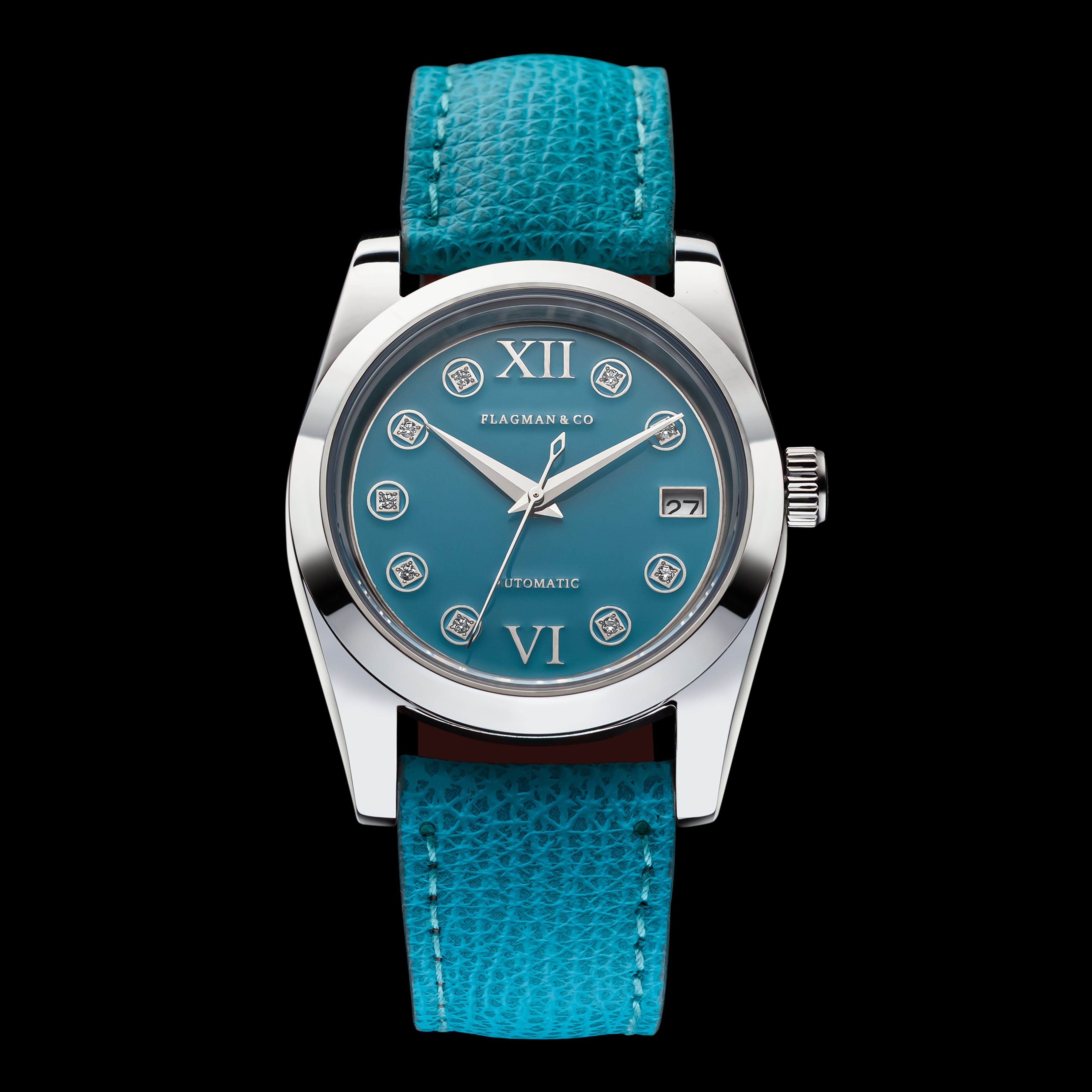 Close up view of Light-blue Safian leather watch strap on mechanical watch