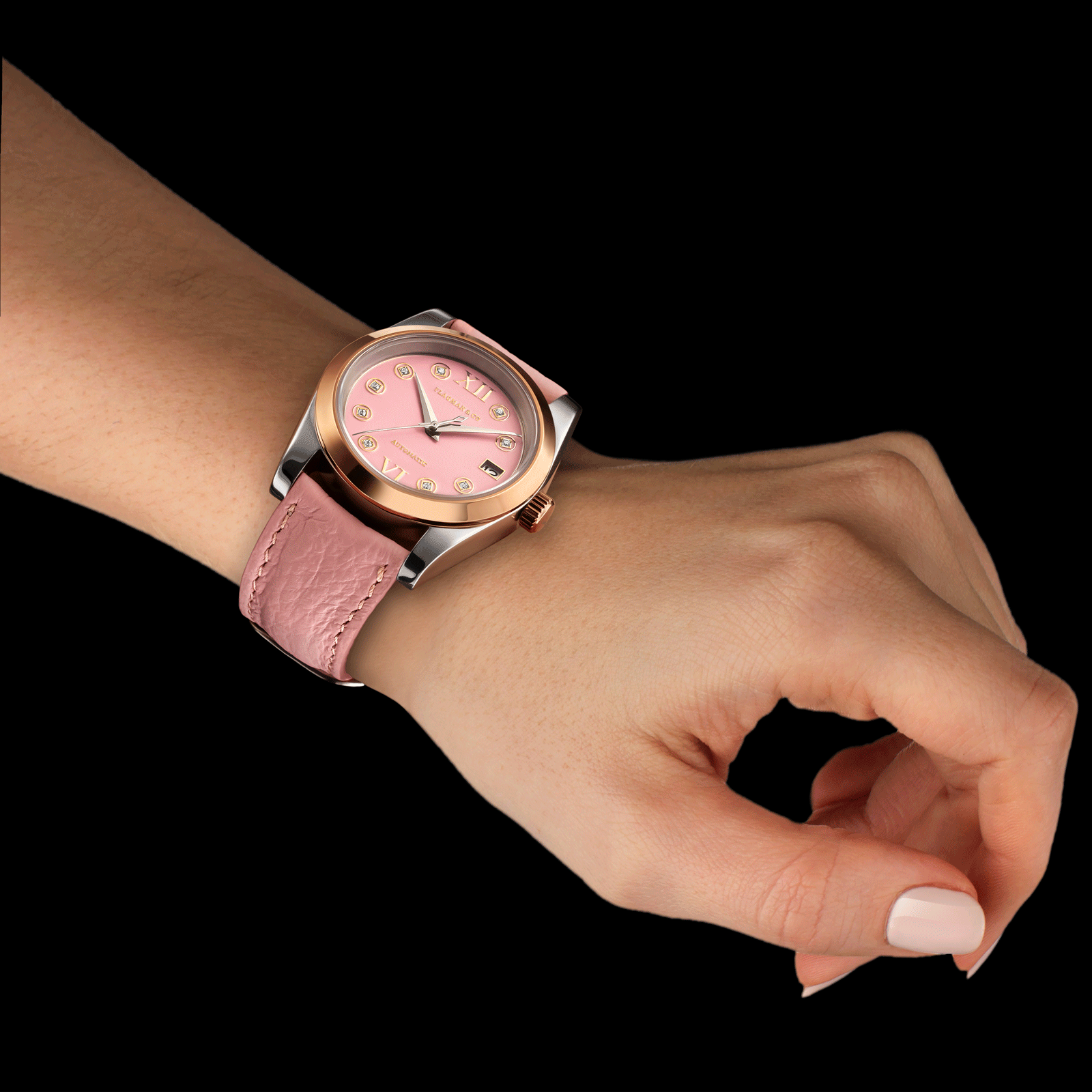 Front view of handmade watch worn on women wrist - Lumine Pink