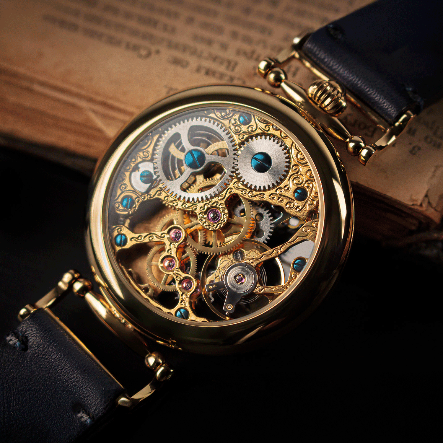 Close-up of a Skeleton mechanical watch with blue strap on an old book