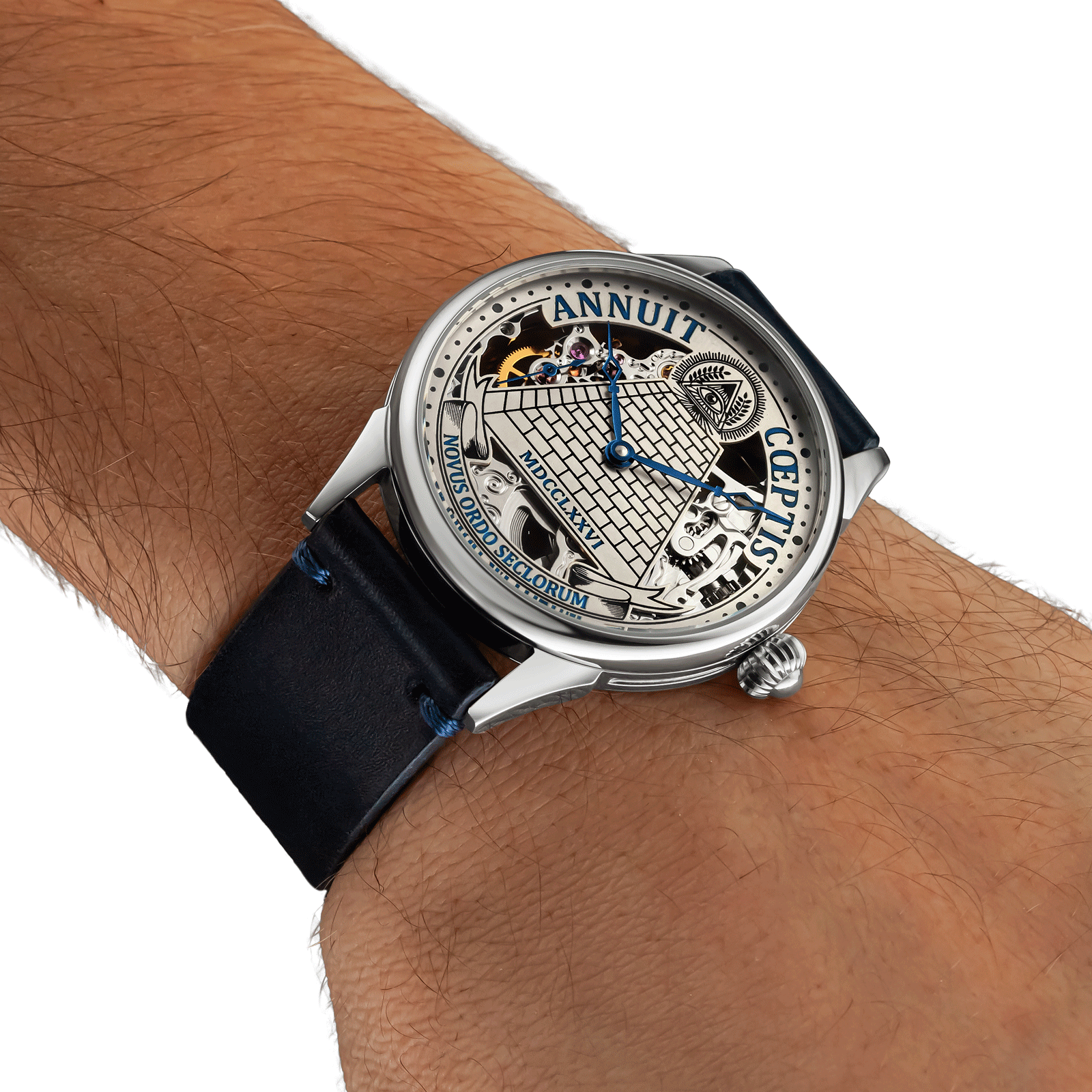 Skeleton watch Masonic Lodge, worn on mens wrist