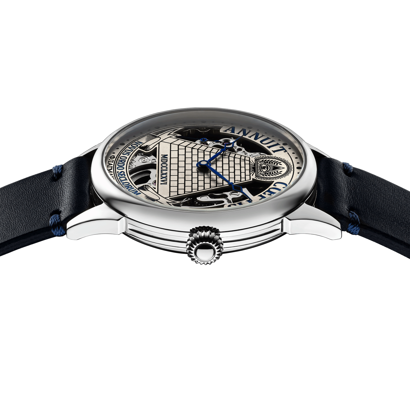 Close-up view of Masonic Lodge - handmade watch with side crown and detailed case finish