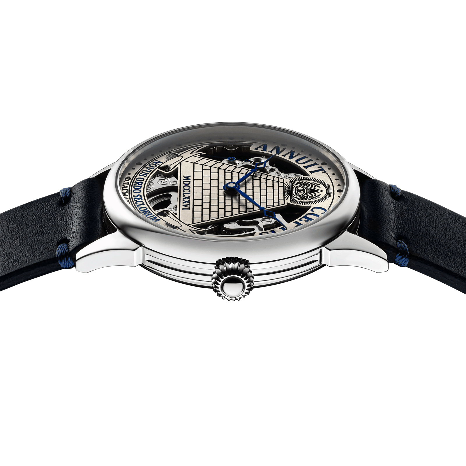 Close-up view of Masonic Lodge - handmade watch with side crown and detailed case finish