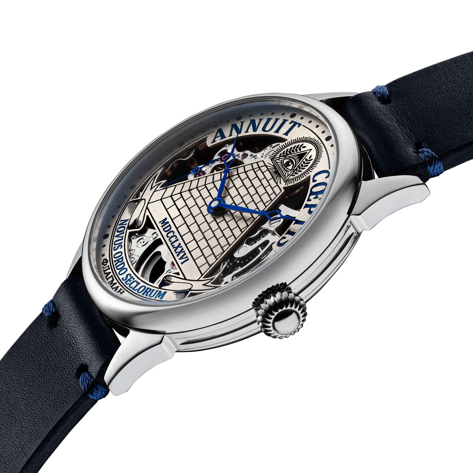 Close-up of Masonic Lodge - handmade watch with side crown and detailed case finish