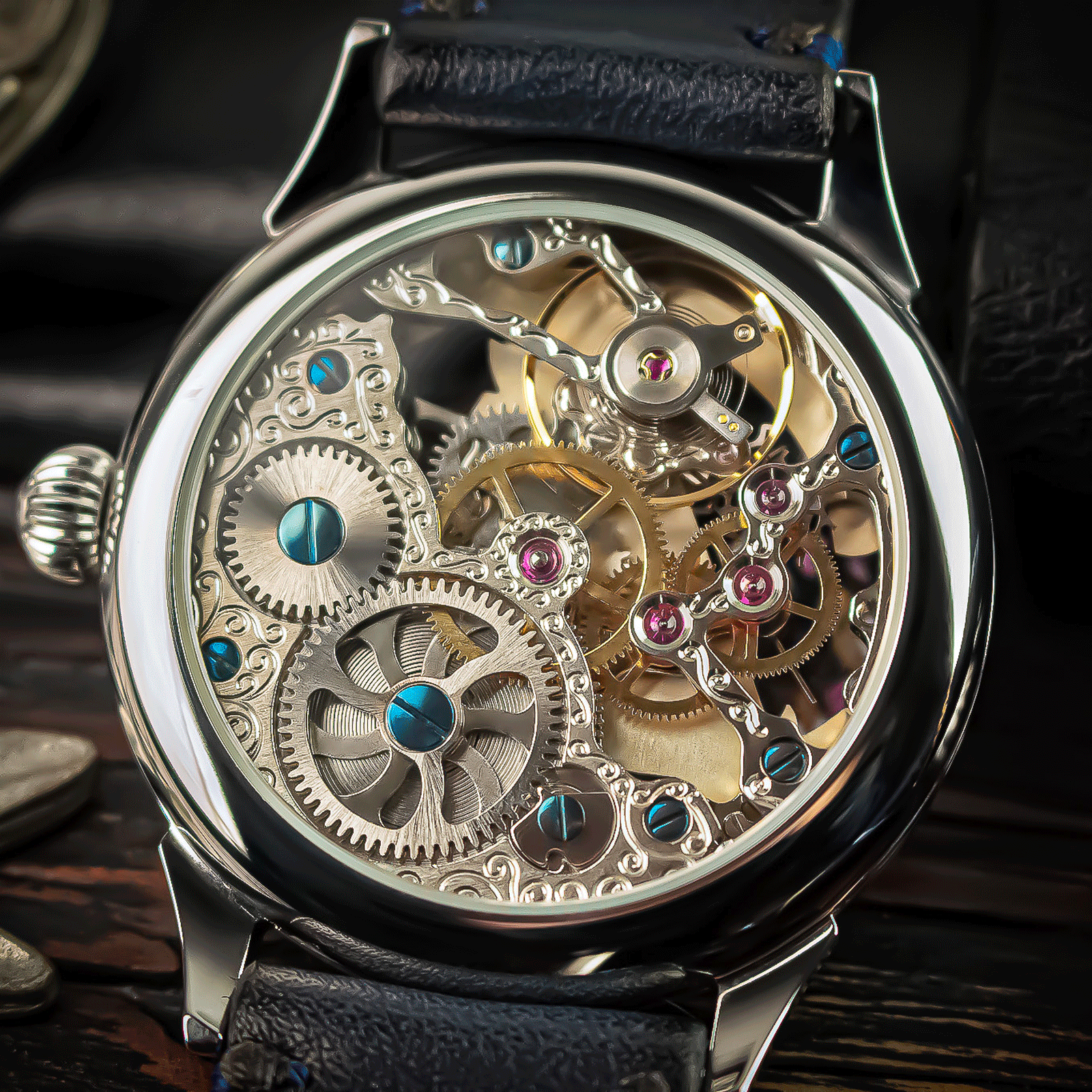 Rear view of Masonic Lodge Mechanical watch showing skeleton caseback and manual winding movement