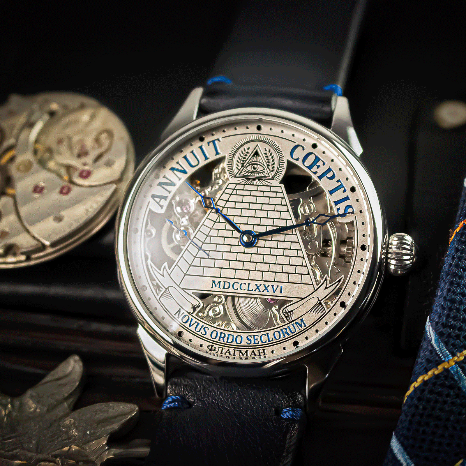 Lifestyle photo of freemason watch Masonic Lodge in handmade watch – skeleton watch