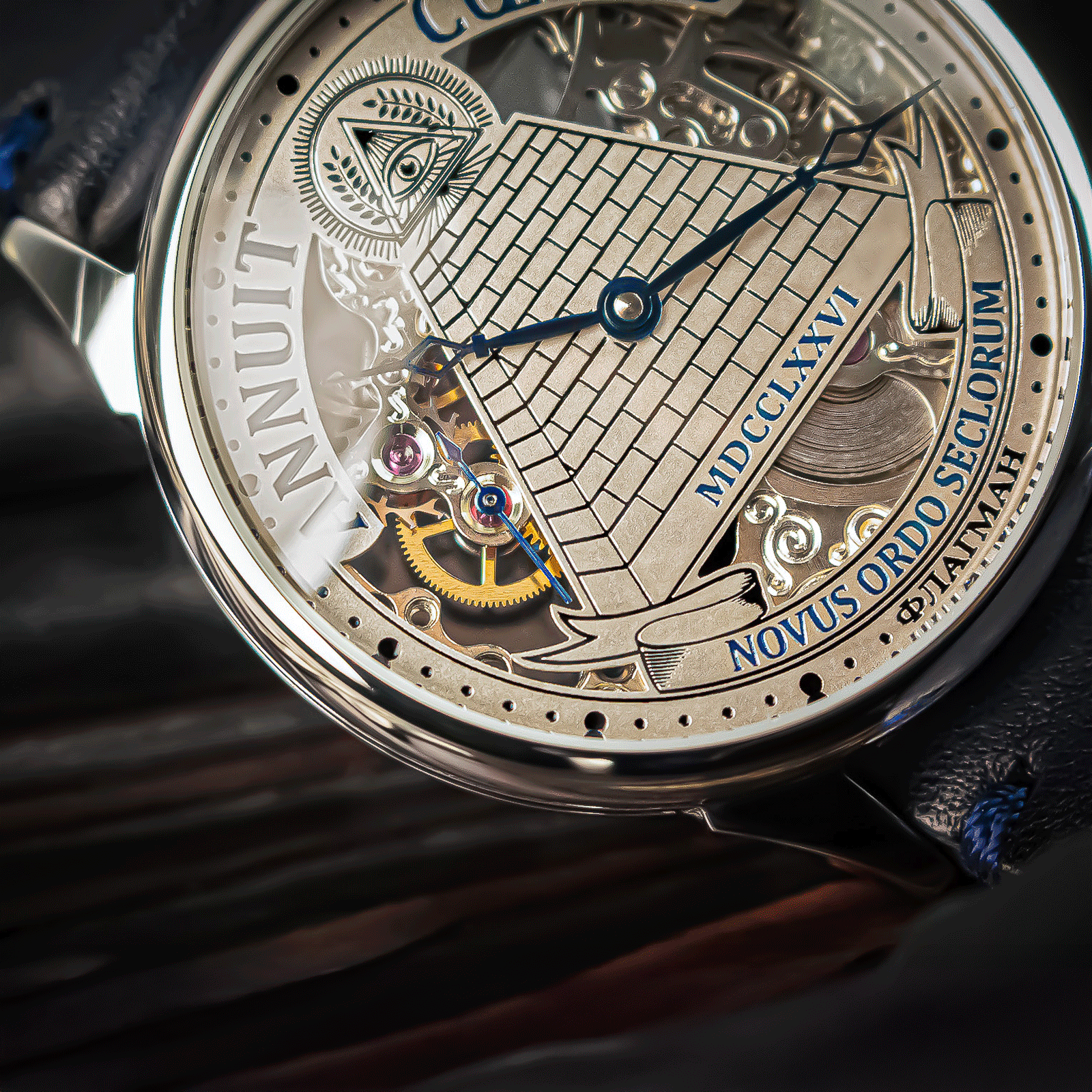 Lifestyle photo of front view of Masonic Lodge Mechanical watch