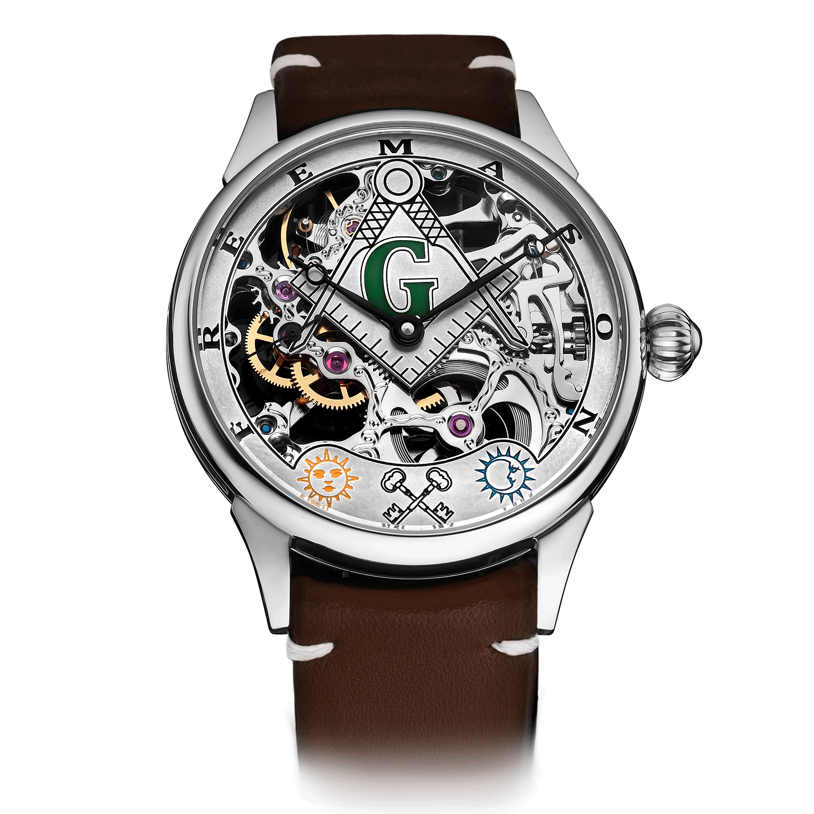 Brown Strap – Masonic skeleton Watch #color_brown