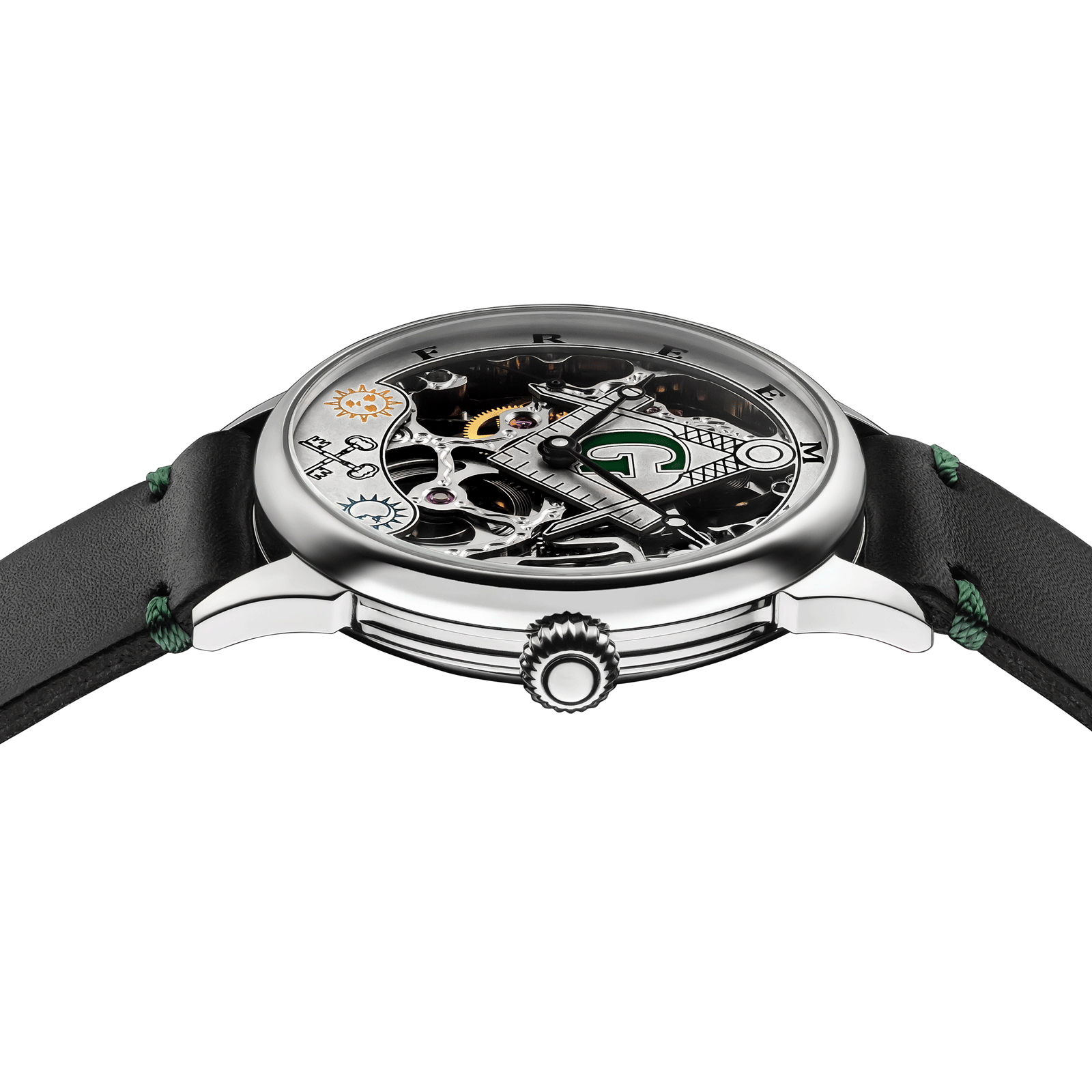Close-up of Masonic watch with side crown and detailed case finish