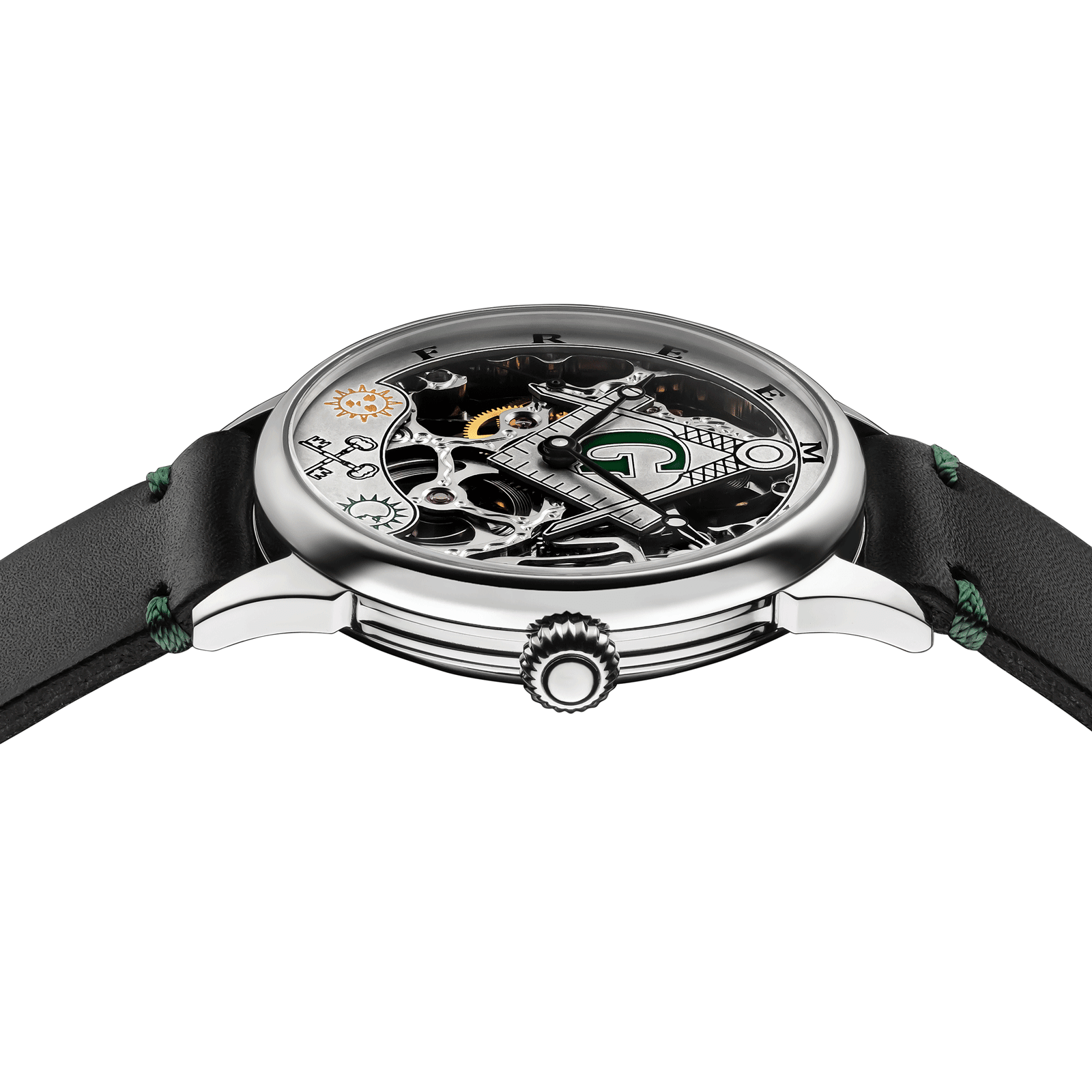 Close-up of Masonic watch with side crown and detailed case finish