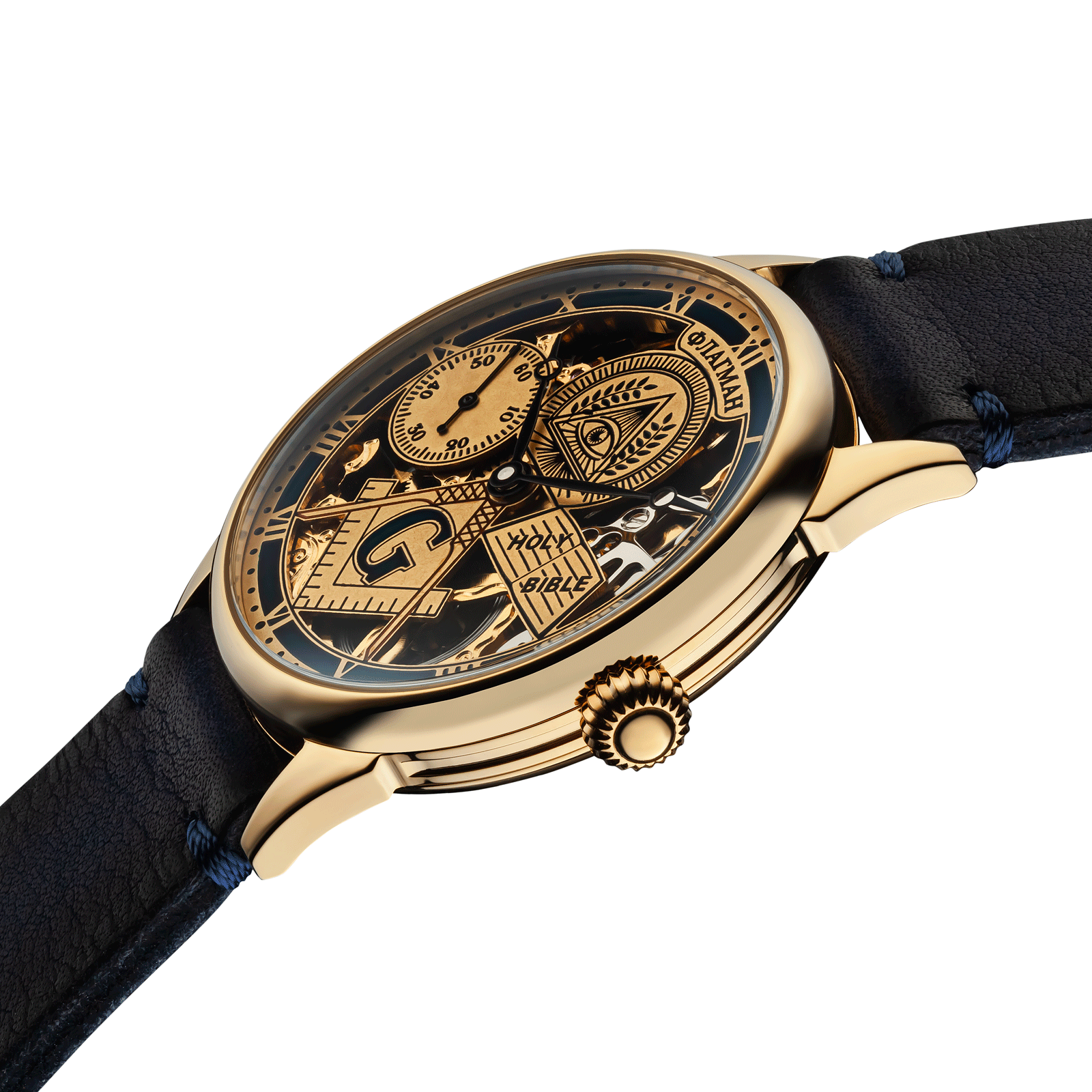 Close-up of Freemason watch with side crown and detailed case finish