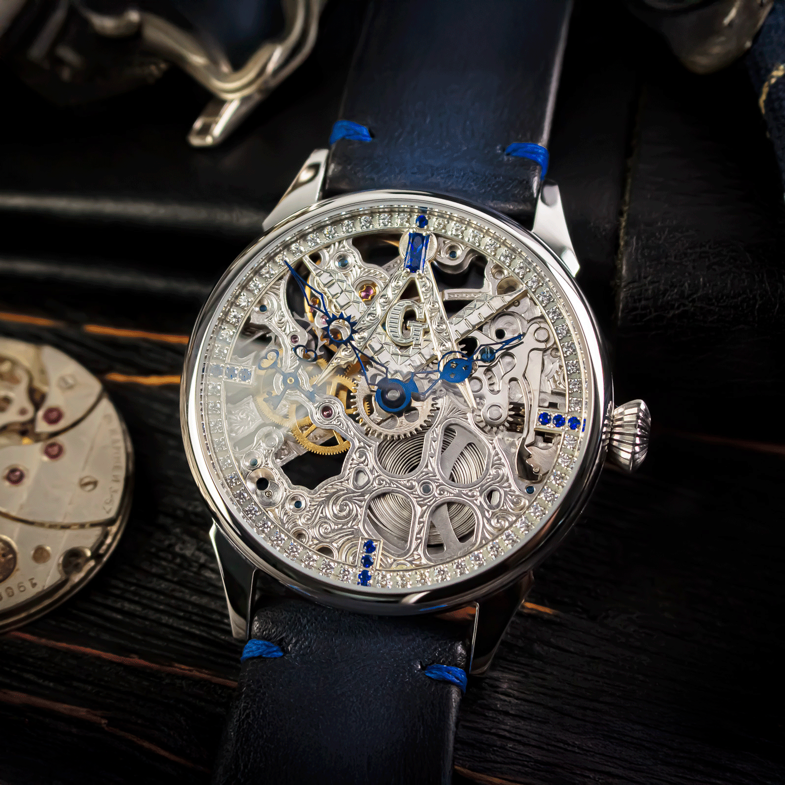 Lifestyle photo of masonic watch in handmade watch – skeleton watch