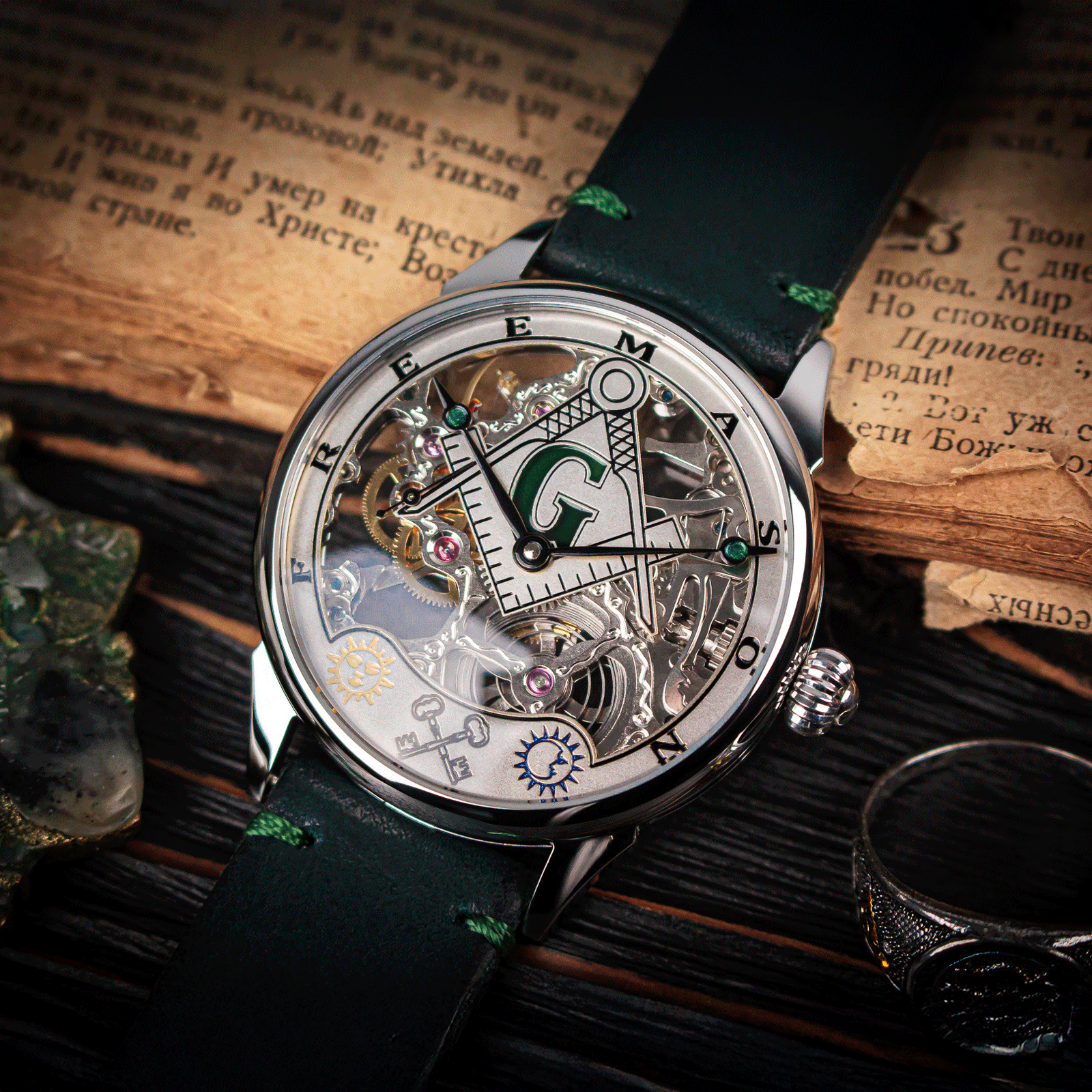 Lifestyle photo of freemason watch in handmade watch – skeleton watch