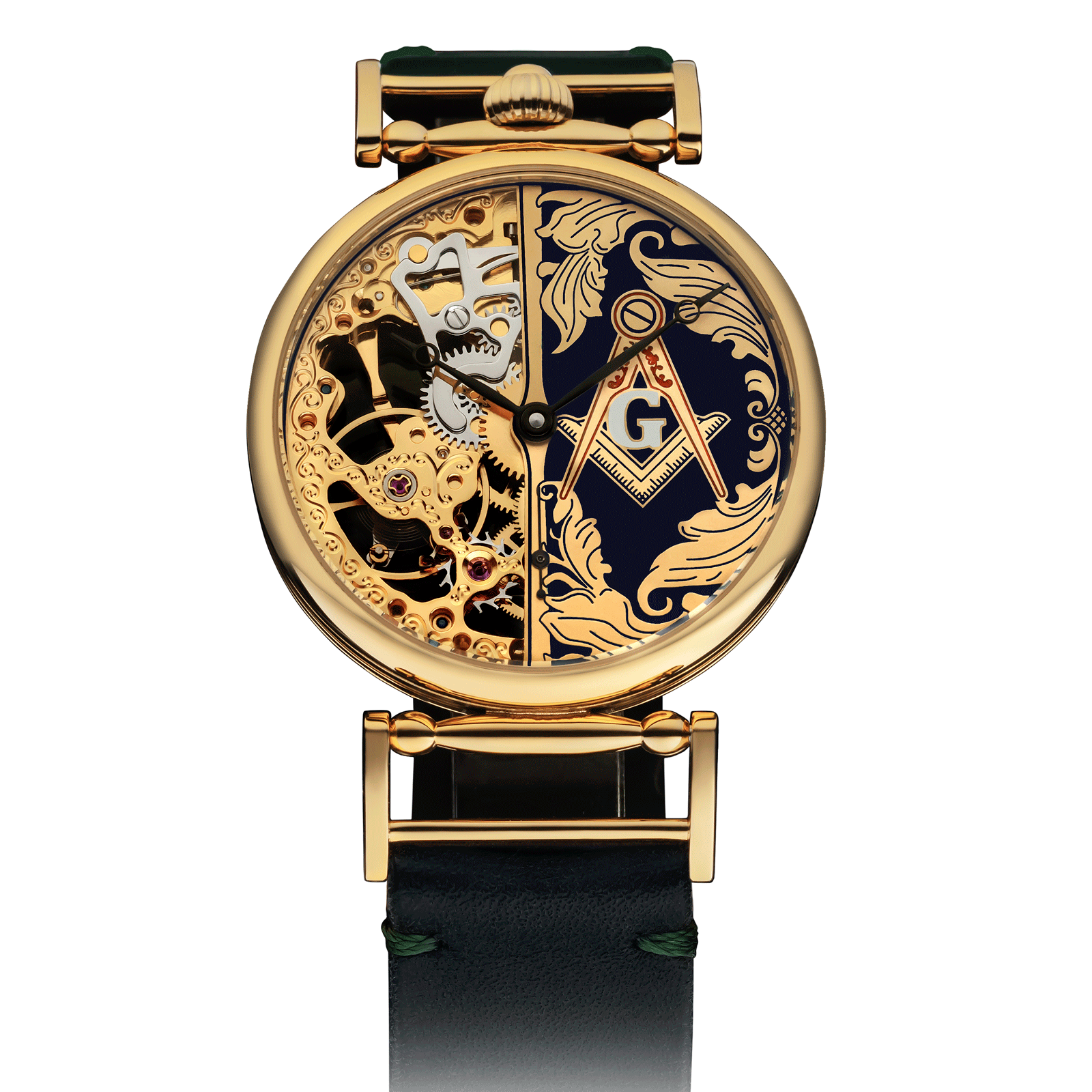 Masonic Half Watch with Green Leather Strap – Skeleton Watch #color_green