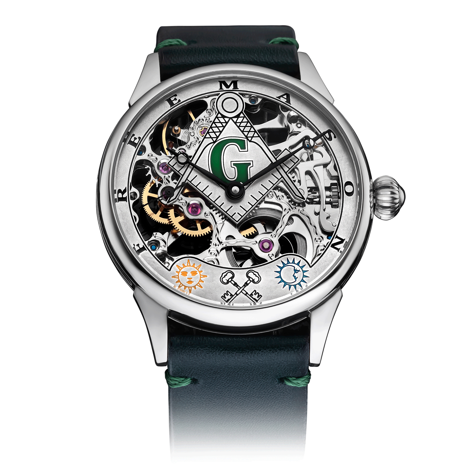 Temple G Watch with Green Leather Strap – Skeleton Watch #color_green