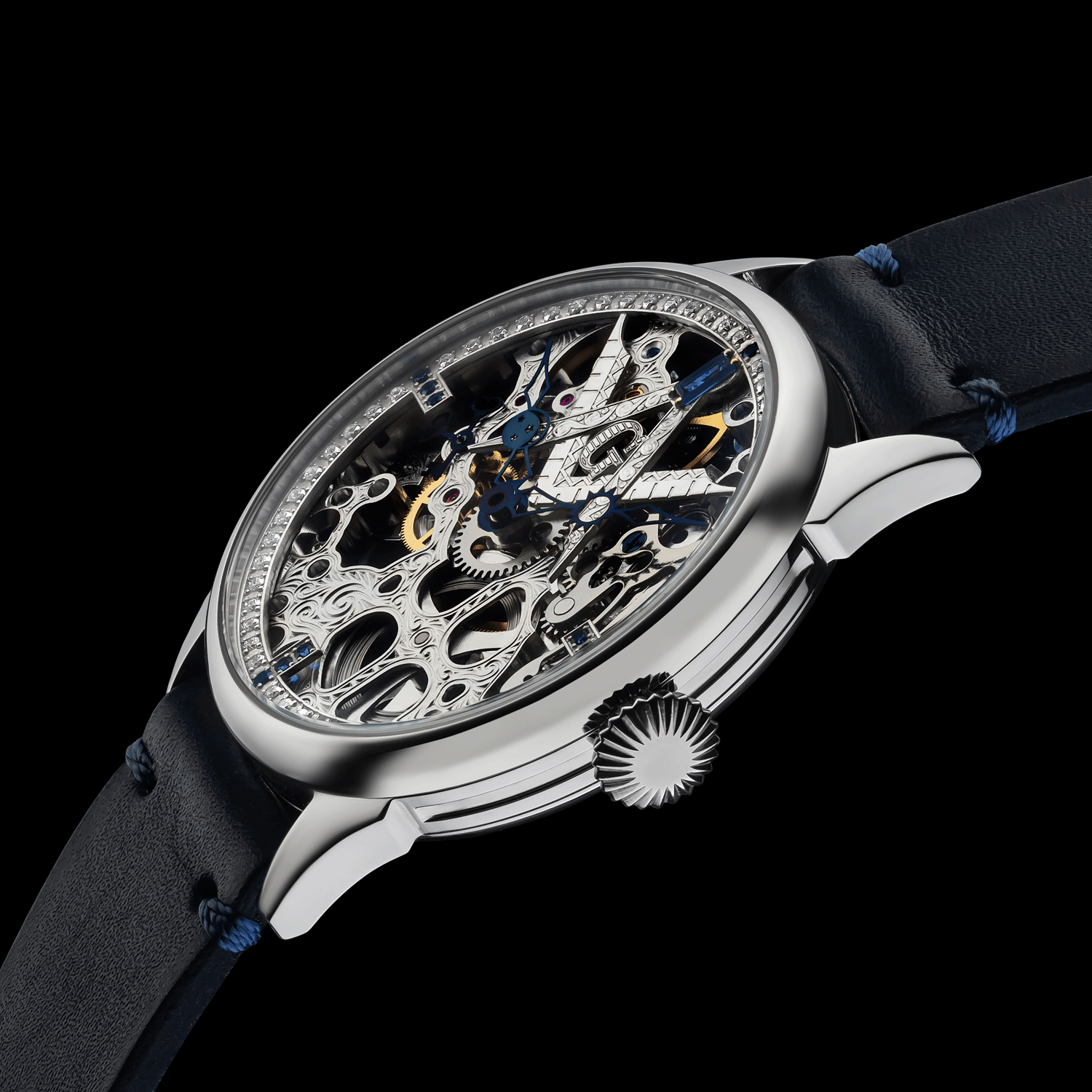 Front view detail of masonic handmade skeleton watch