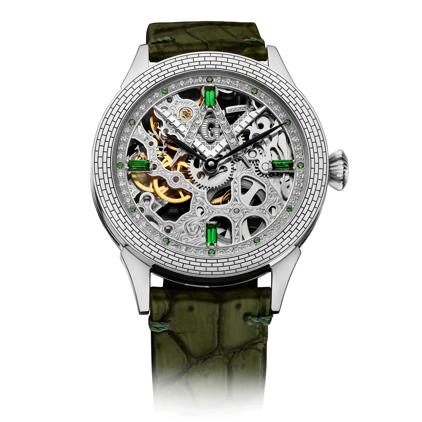 Skeleton watch with green strap and intricate design on a white background #color_green