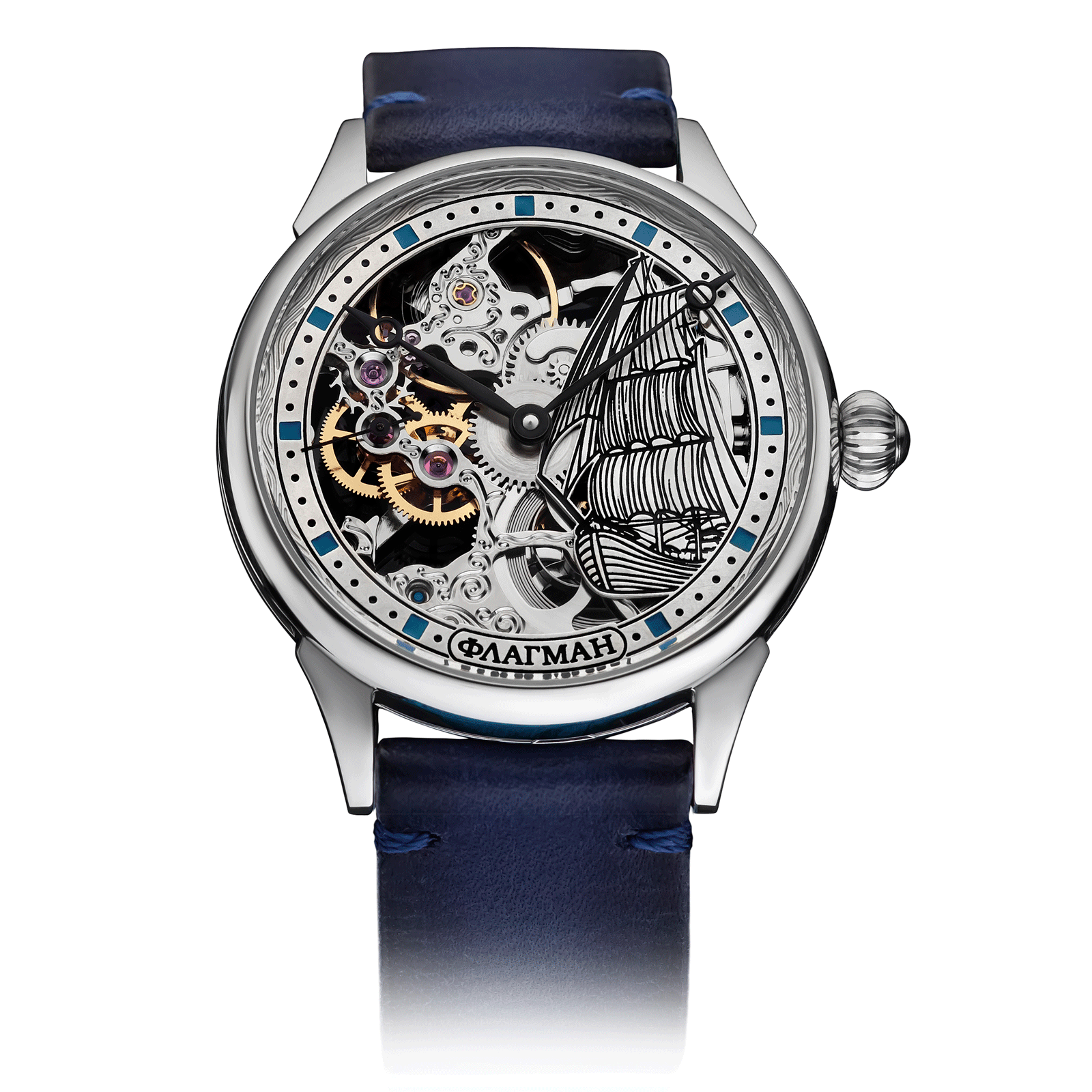 Blue Leather Strap on Skeleton Watch #color_blue