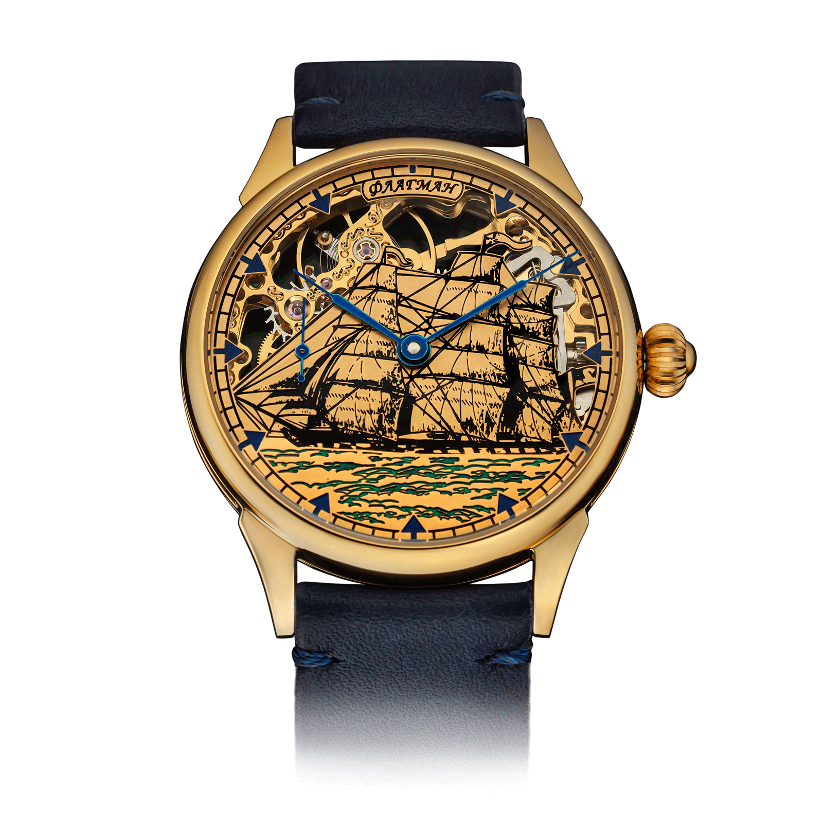 Blue Leather Strap on Skeleton Watch #color_blue