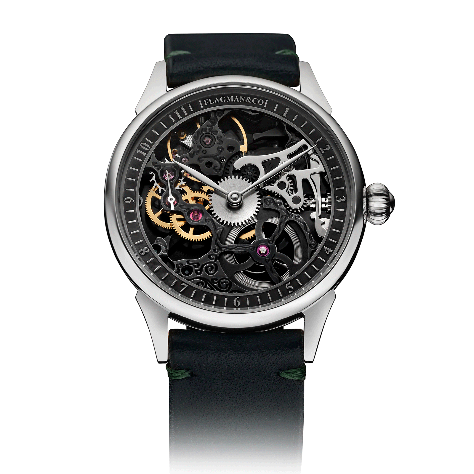 Graphite watch with Green Leather Strap – Skeleton Watch #color_green