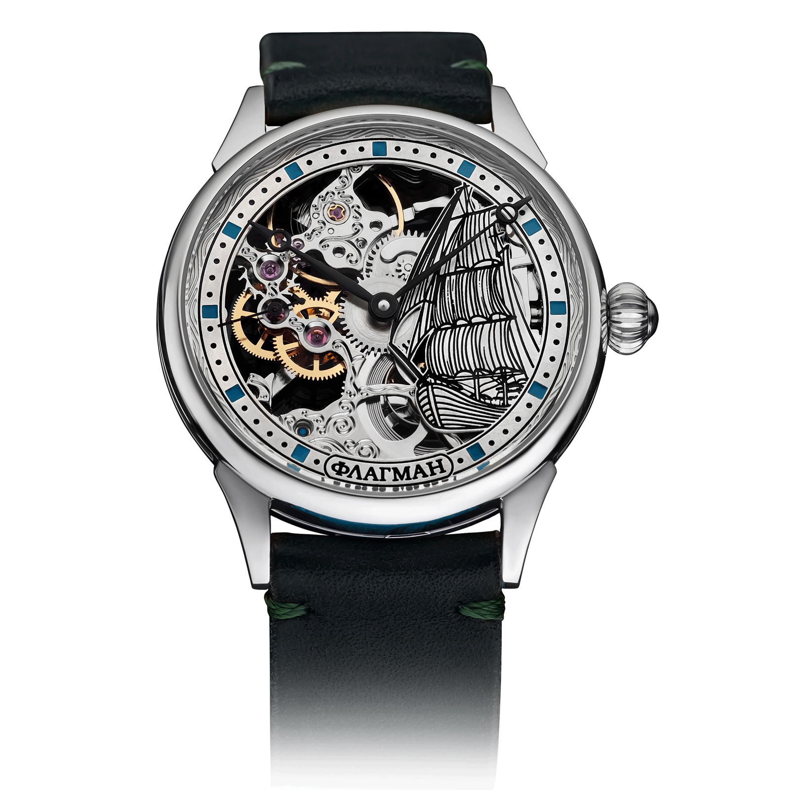 Mariner Blue watch with Green Leather Strap – Skeleton Watch #color_green