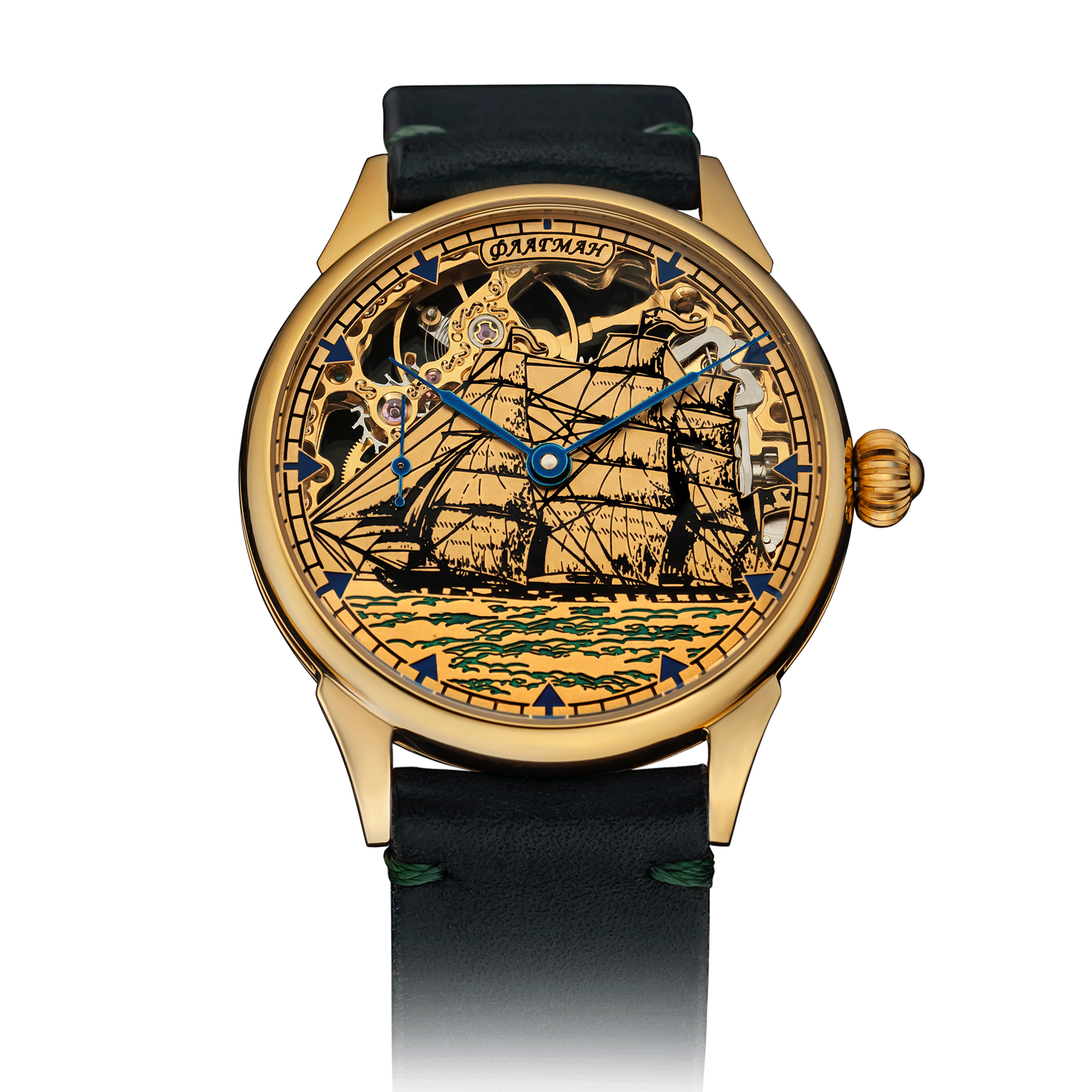 Sea Regalia watch with Green Leather Strap – Skeleton Watch #color_green