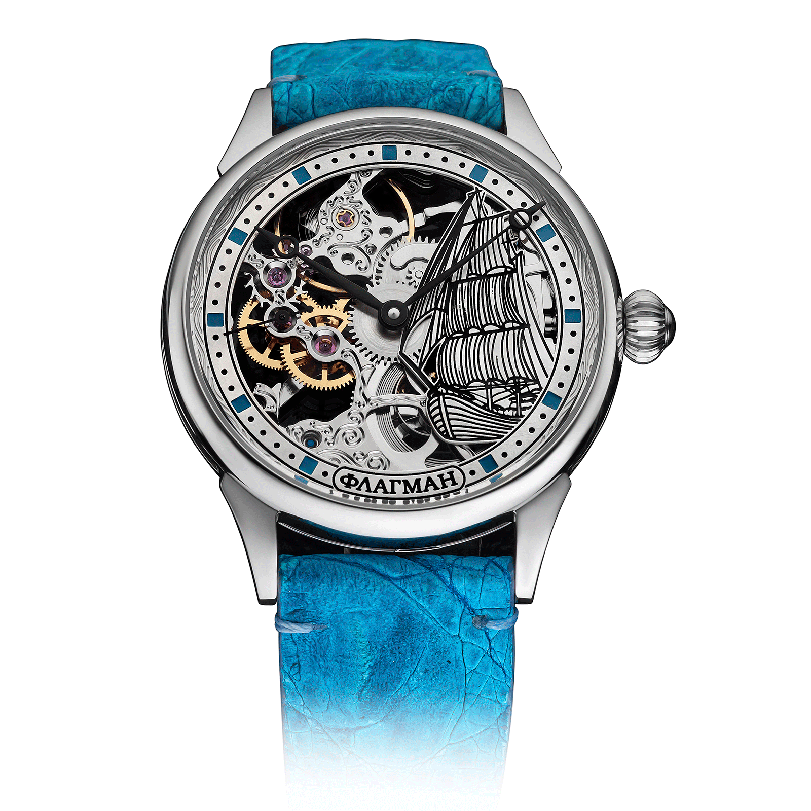 Lagoon Leather Strap on Skeleton Watch #color_lagoon