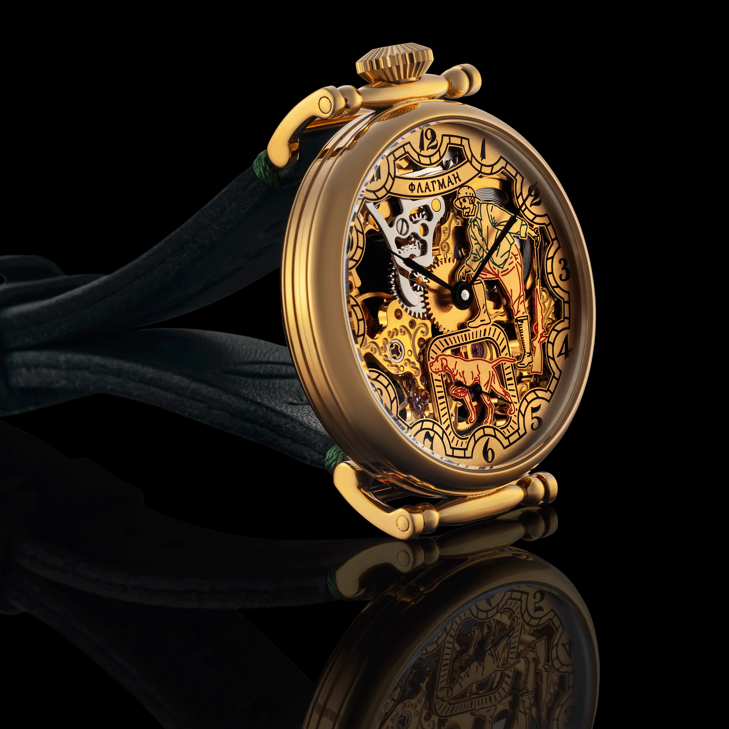 Gold Skeleto watch with intricate design on a black background
