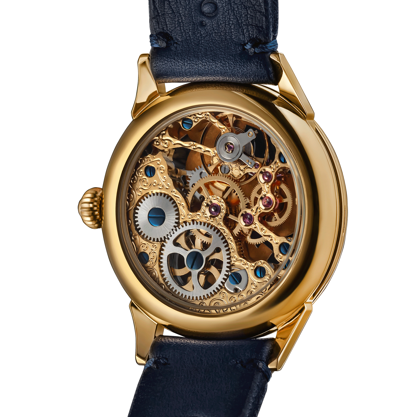 Back view of Mechanical watch – exposed movement and caseback design