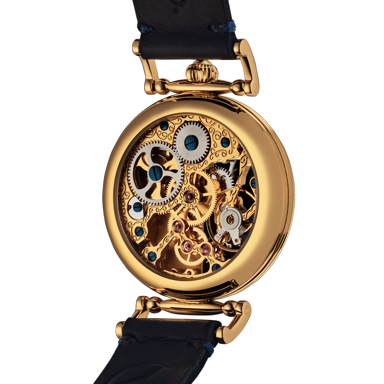 Back view of Mechanical watch – exposed movement and caseback design
