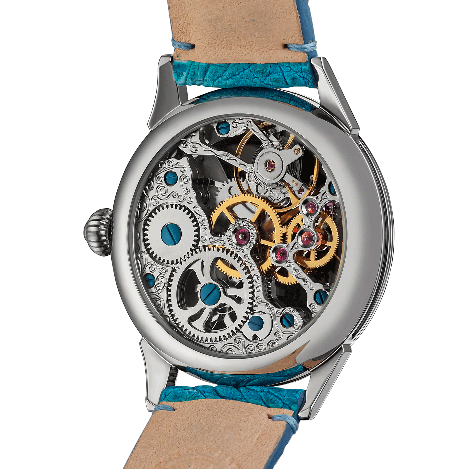 Back view of Handmade watch – exposed movement