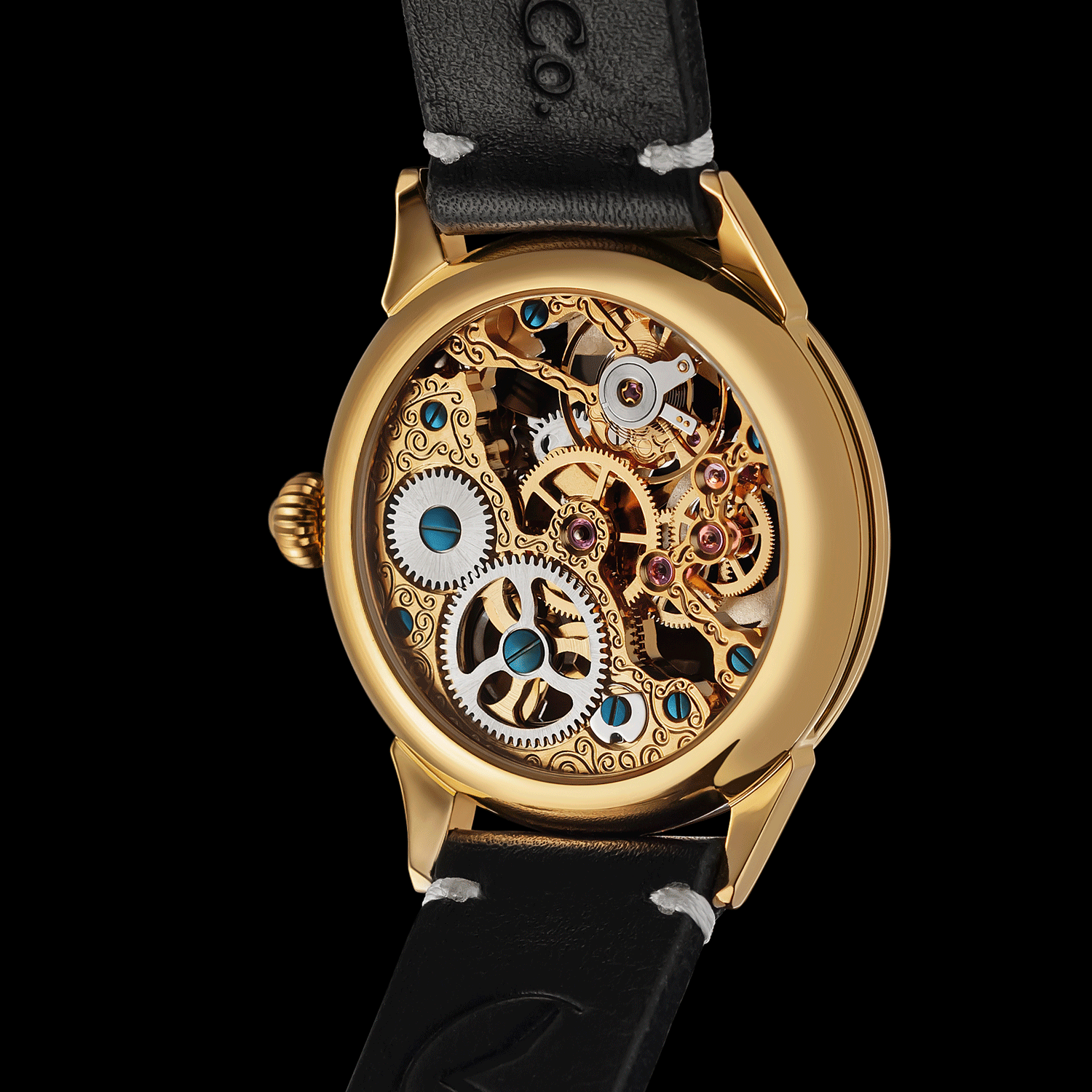 Rear view of poker watch showing open caseback and movement