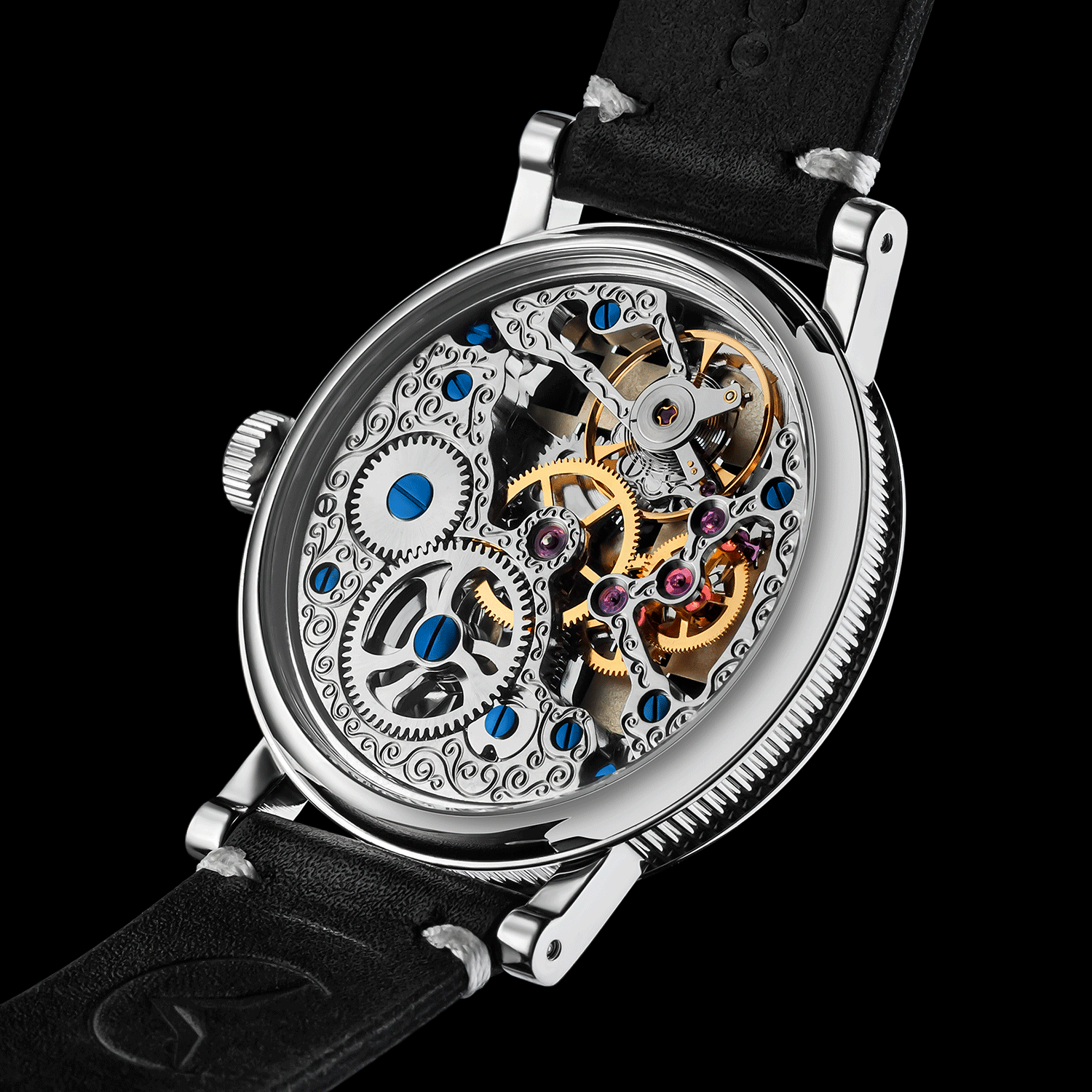 Rear view of Chess watch showing open caseback and movement