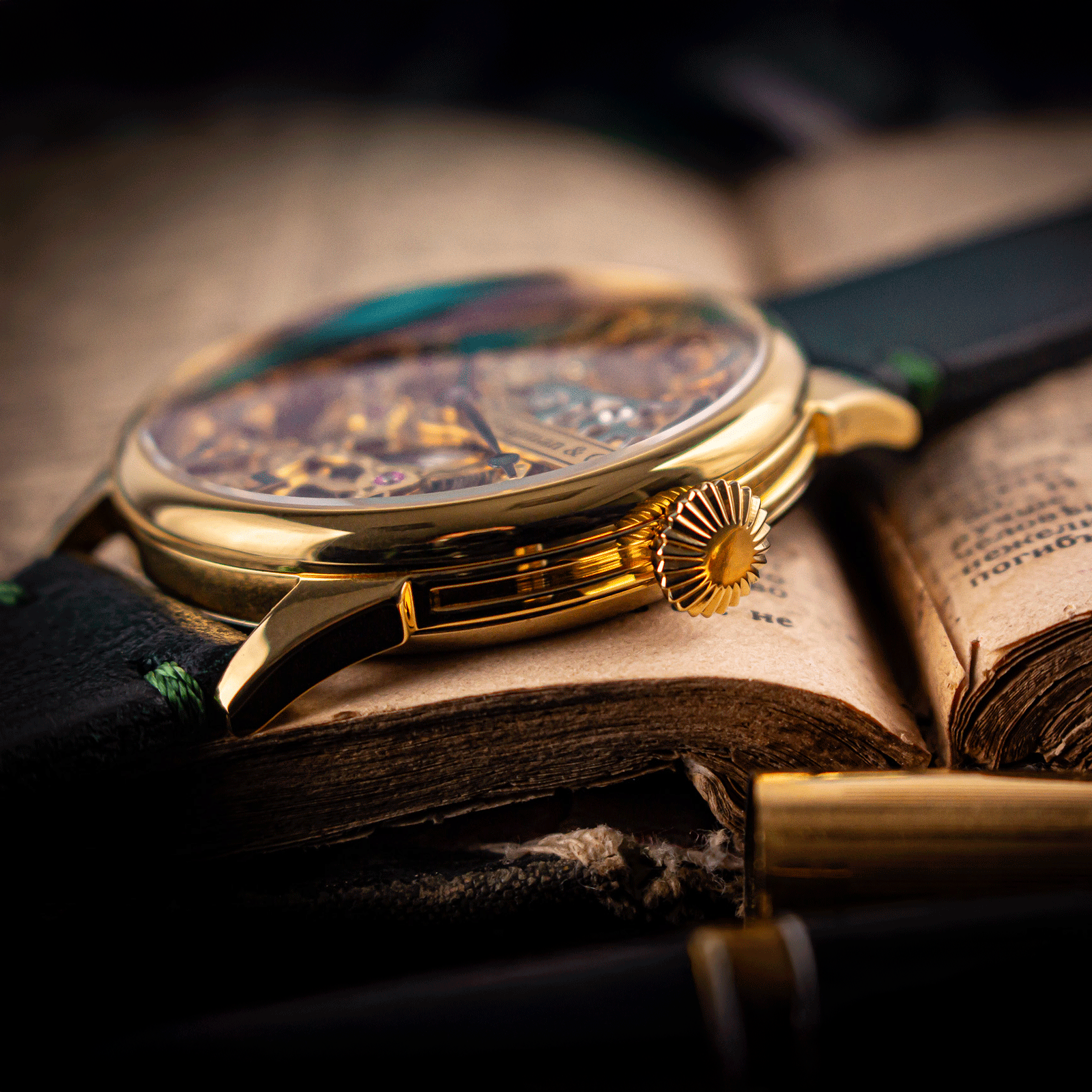 Lifestyle photo of Arabic Emerald watch in handmade watch – Skeleton watch